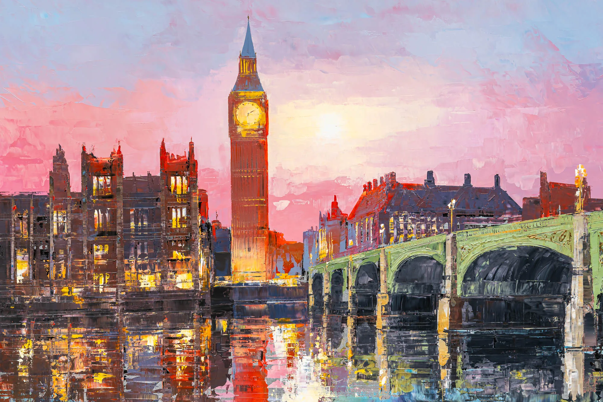 Westminster Radiance, an original painting by Paul Kenton: a close-up of thick, textured brushwork showing Big Ben's glowing clock tower above the Thames at dusk, with pink sky and warm reflections.