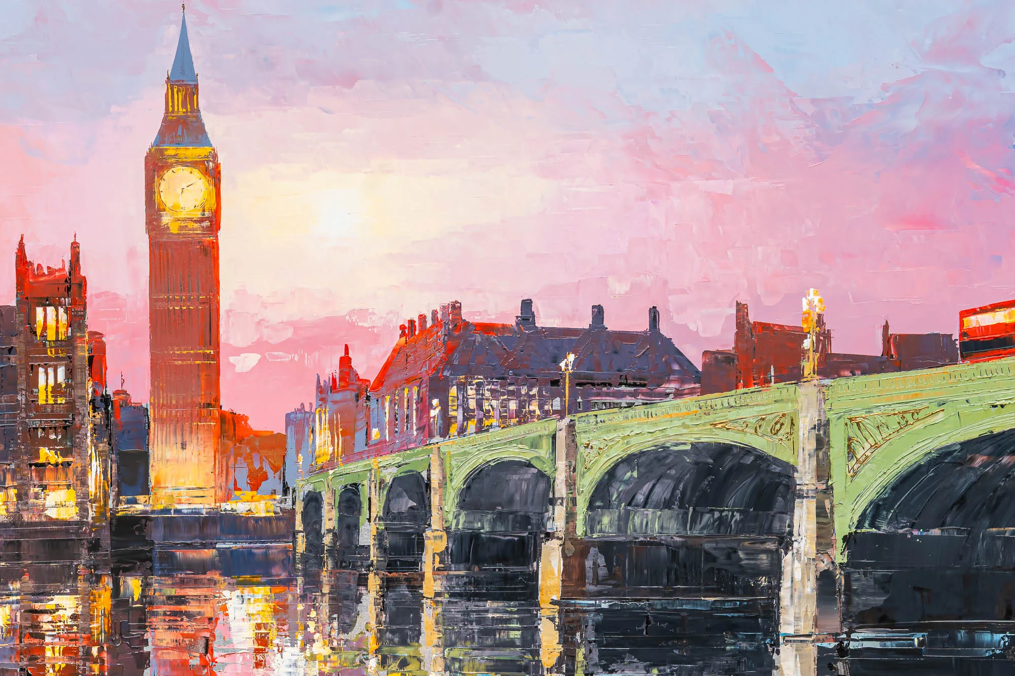 Detail of Westminster Radiance, an original painting by Paul Kenton: thick, textured strokes show Big Ben and a green-arched Westminster Bridge glowing in pink and gold twilight.