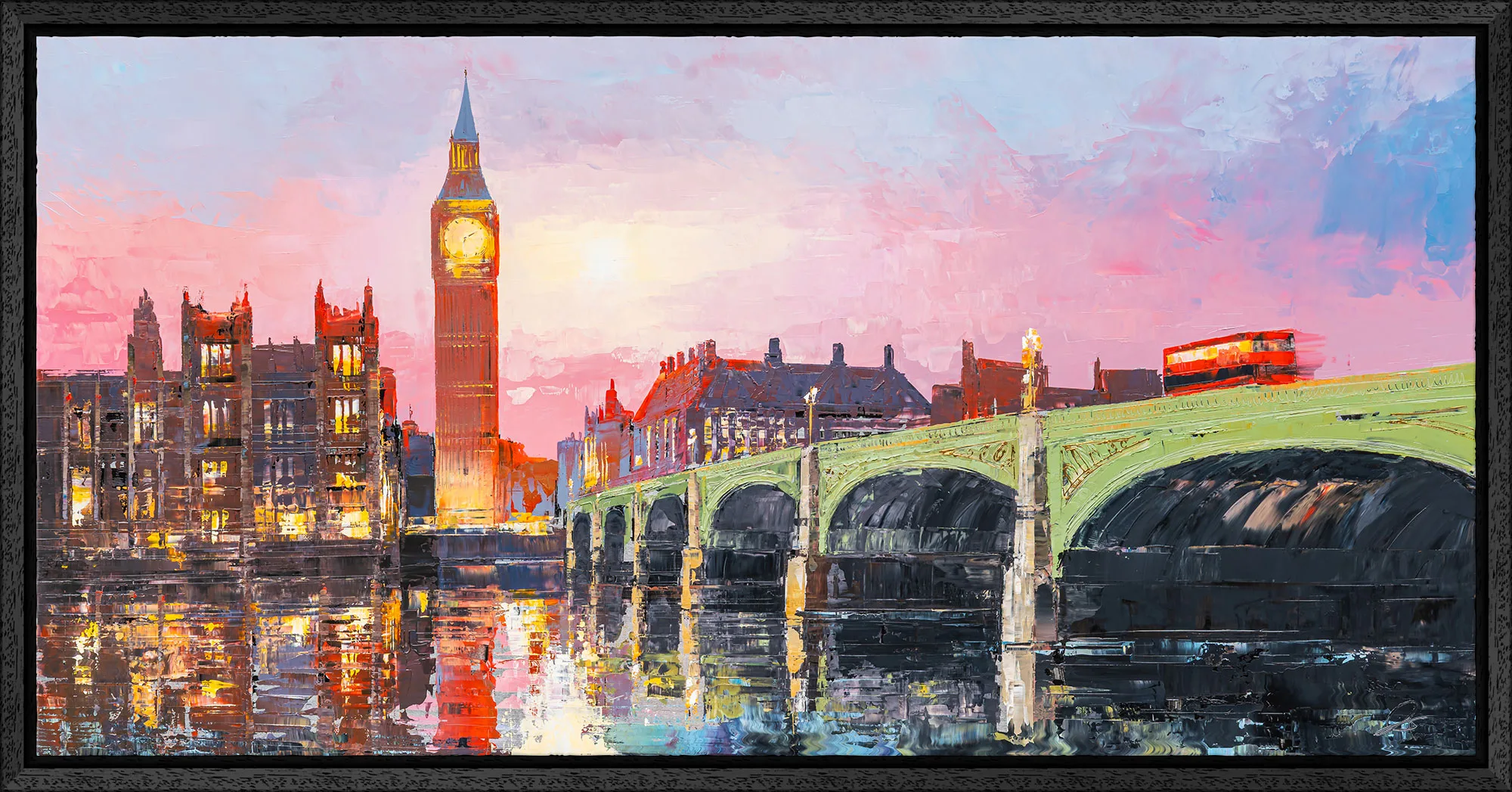 Westminster Radiance, an original painting by Paul Kenton in a black floating frame: a London dusk scene with Big Ben, the Palace of Westminster and a green-arched bridge over the Thames, glowing pink and gold.