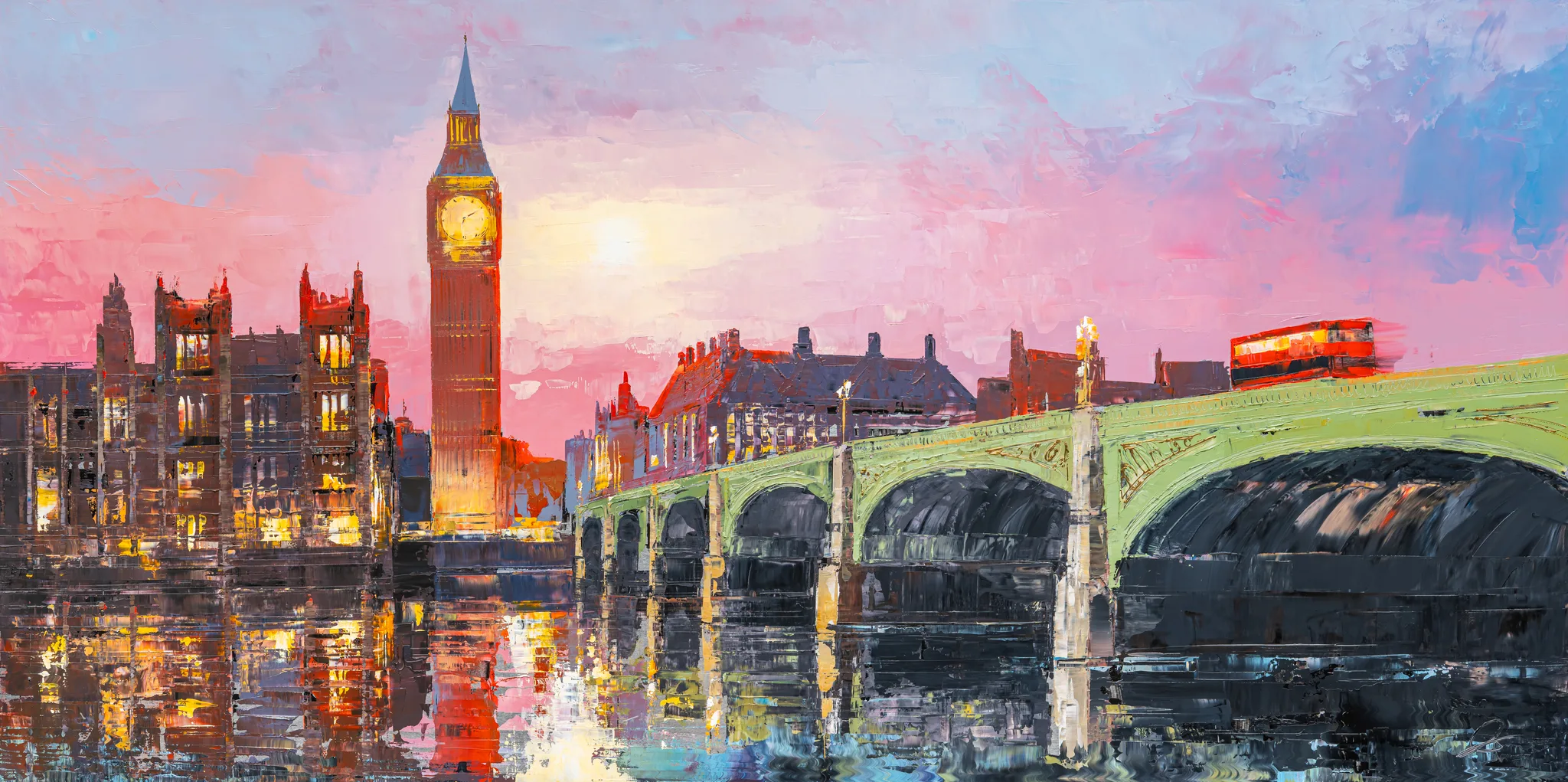 Westminster Radiance, an original painting by Paul Kenton: Big Ben and the Palace of Westminster glow at dusk over the Thames, with a green bridge and a red double-decker bus under a pink sky.