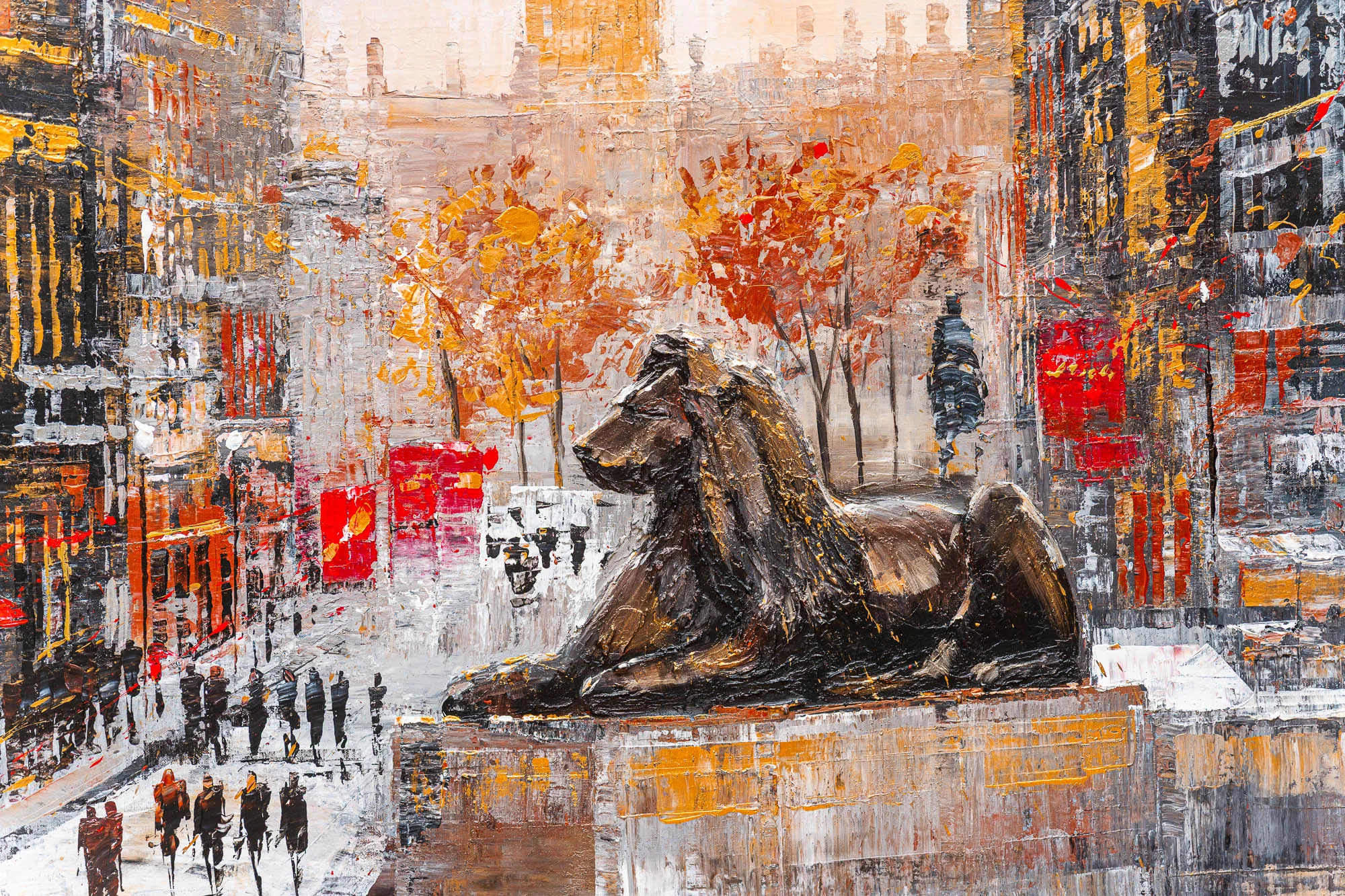 Close-up of Westminster Watch, an original painting by Paul Kenton: a thickly textured bronze lion rests on a stone plinth, with autumnal trees, red shopfronts and pedestrians in a London street.
