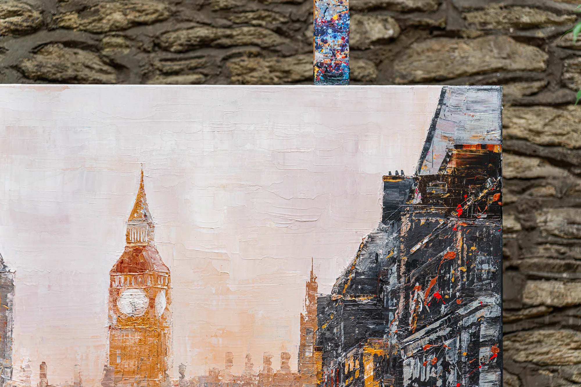 Close-up of Westminster Watch, an original painting by Paul Kenton: thick textured strokes show a golden Big Ben clock tower in a hazy peach sky, beside dark buildings flecked with red.