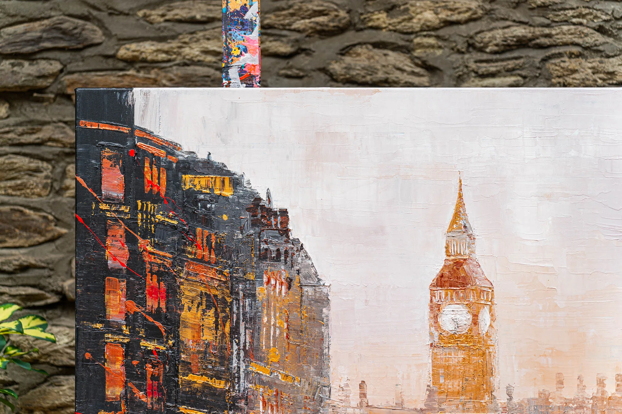 Close-up of Westminster Watch, an original painting by Paul Kenton, showing Big Ben's clock tower in warm ochre and cream beside dark, textured buildings lit with orange and red.