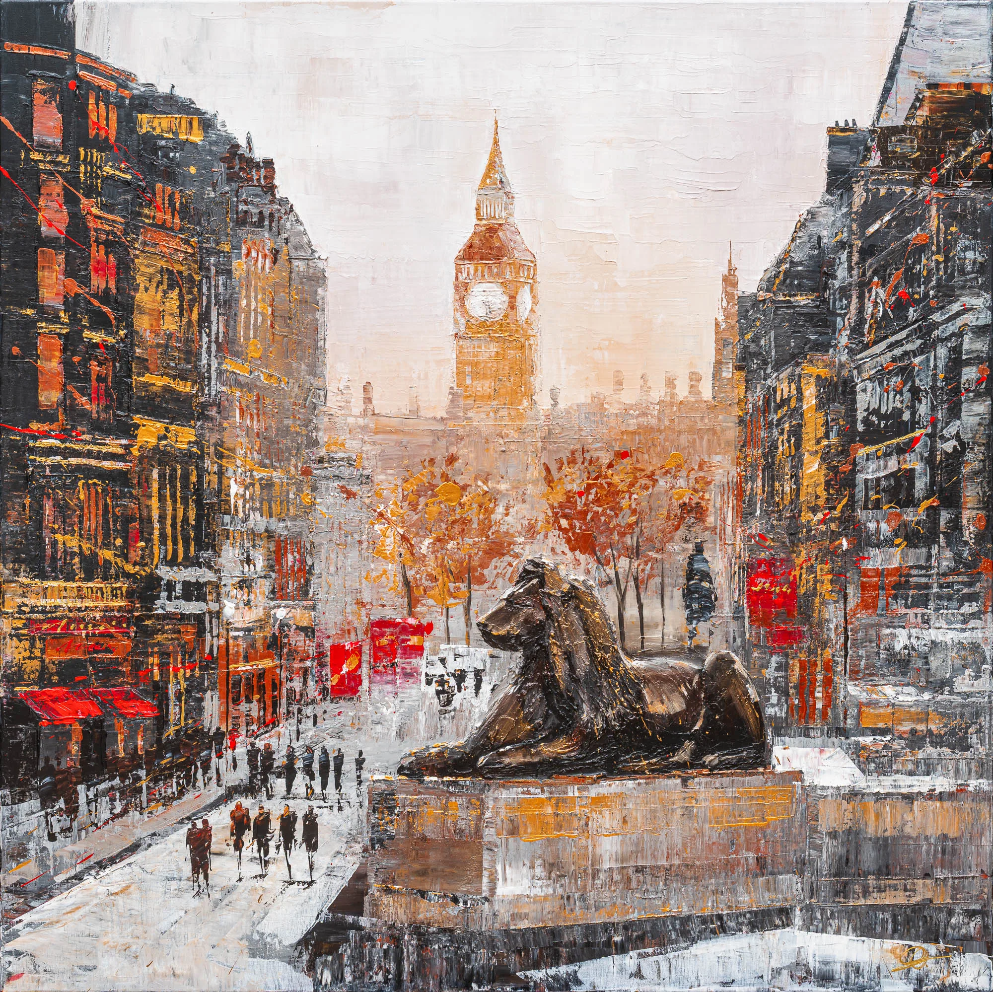 Westminster Watch, an original painting by Paul Kenton: a bronze lion sculpture in the foreground, with Big Ben rising above autumnal trees and red-trimmed buildings in warm amber and grey textured paint.
