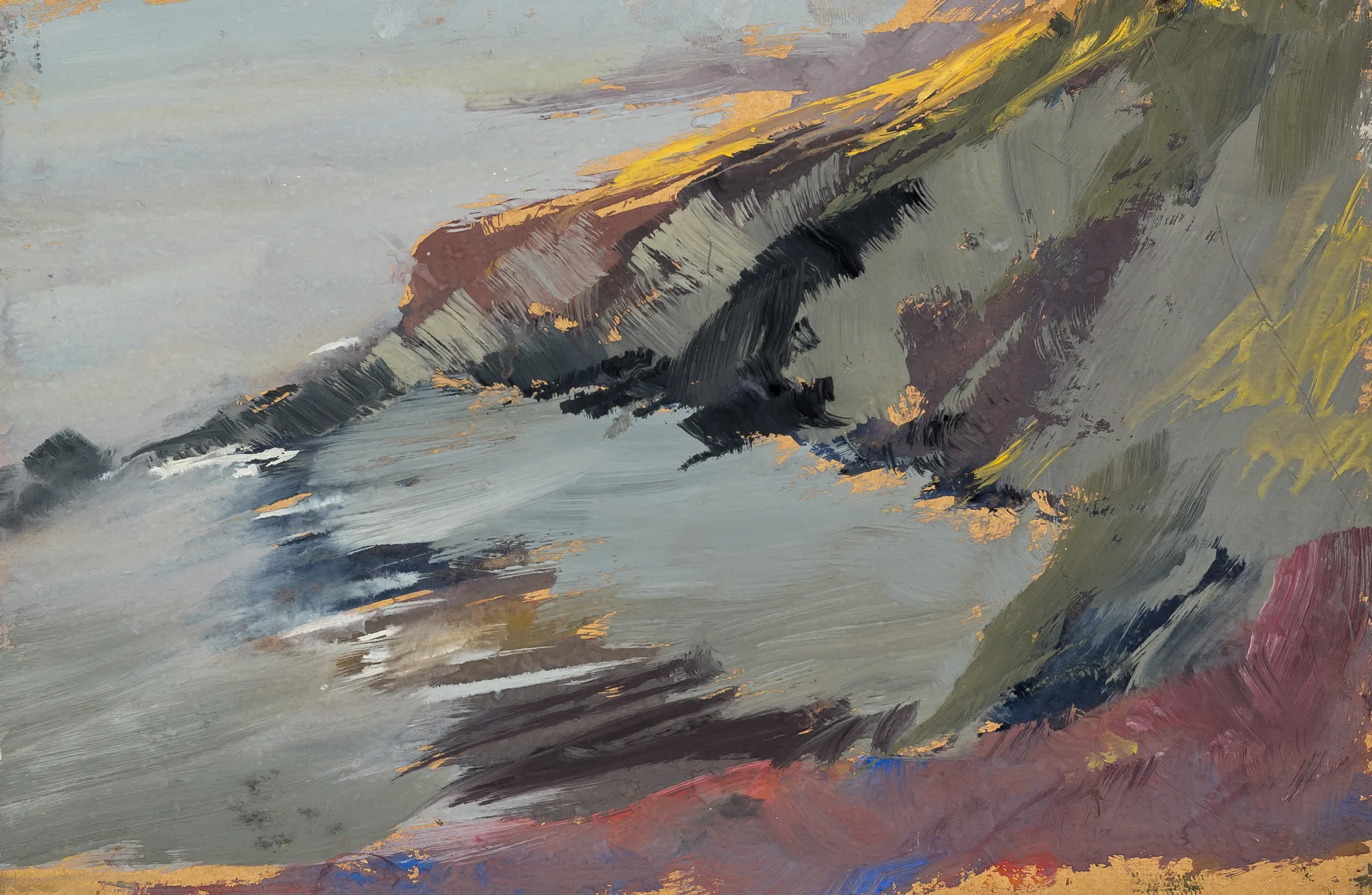 Rugged Coastline, an original painting by Paul Kenton: a bold, textured view of North Devon cliffs sloping to grey-blue sea, with ochre, olive and plum brushstrokes.