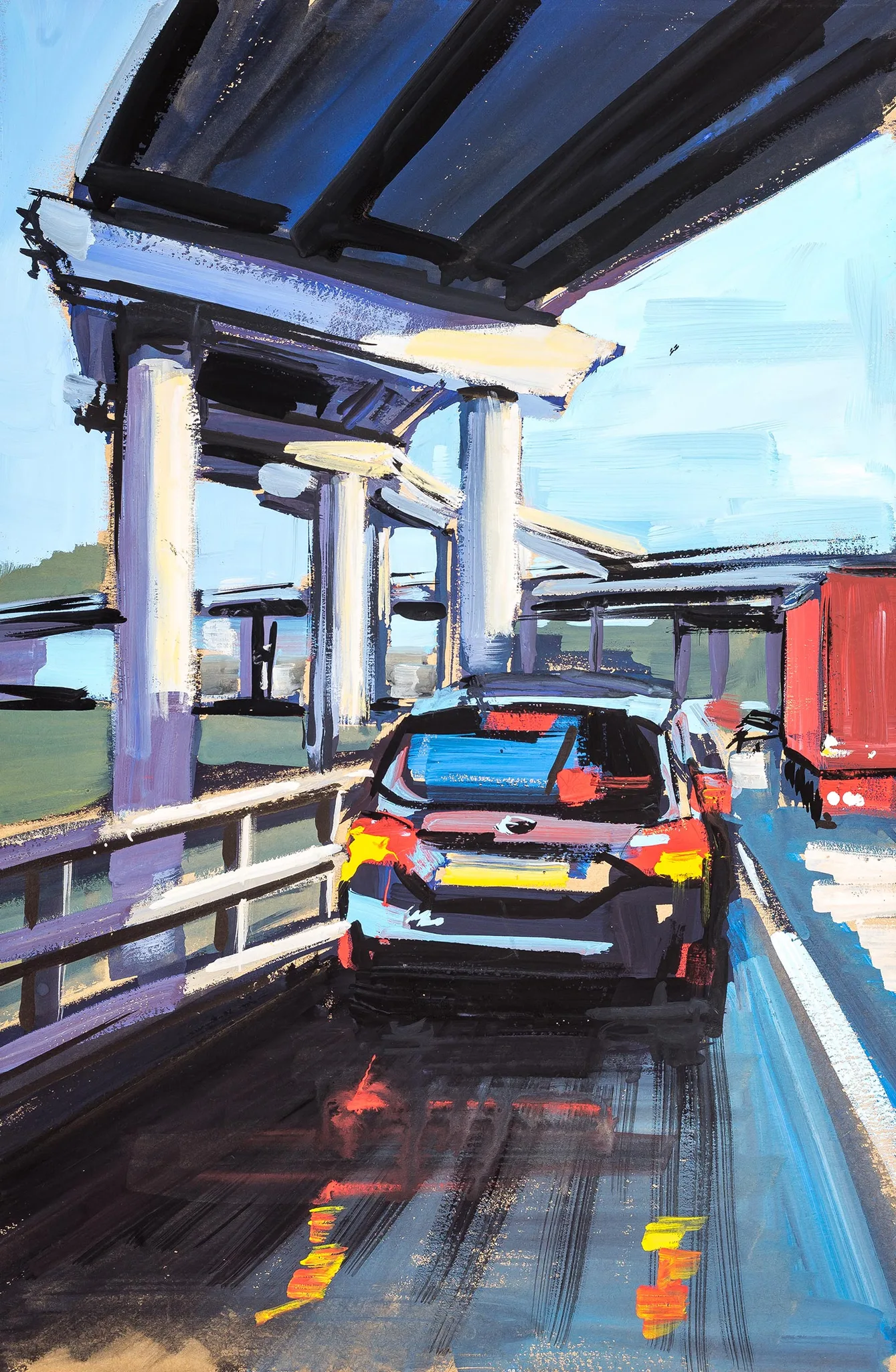 Spaghetti Junction, an original painting by Paul Kenton: a dark car with red and yellow reflections drives under a broad concrete overpass, with a red lorry at right and a bold blue sky.