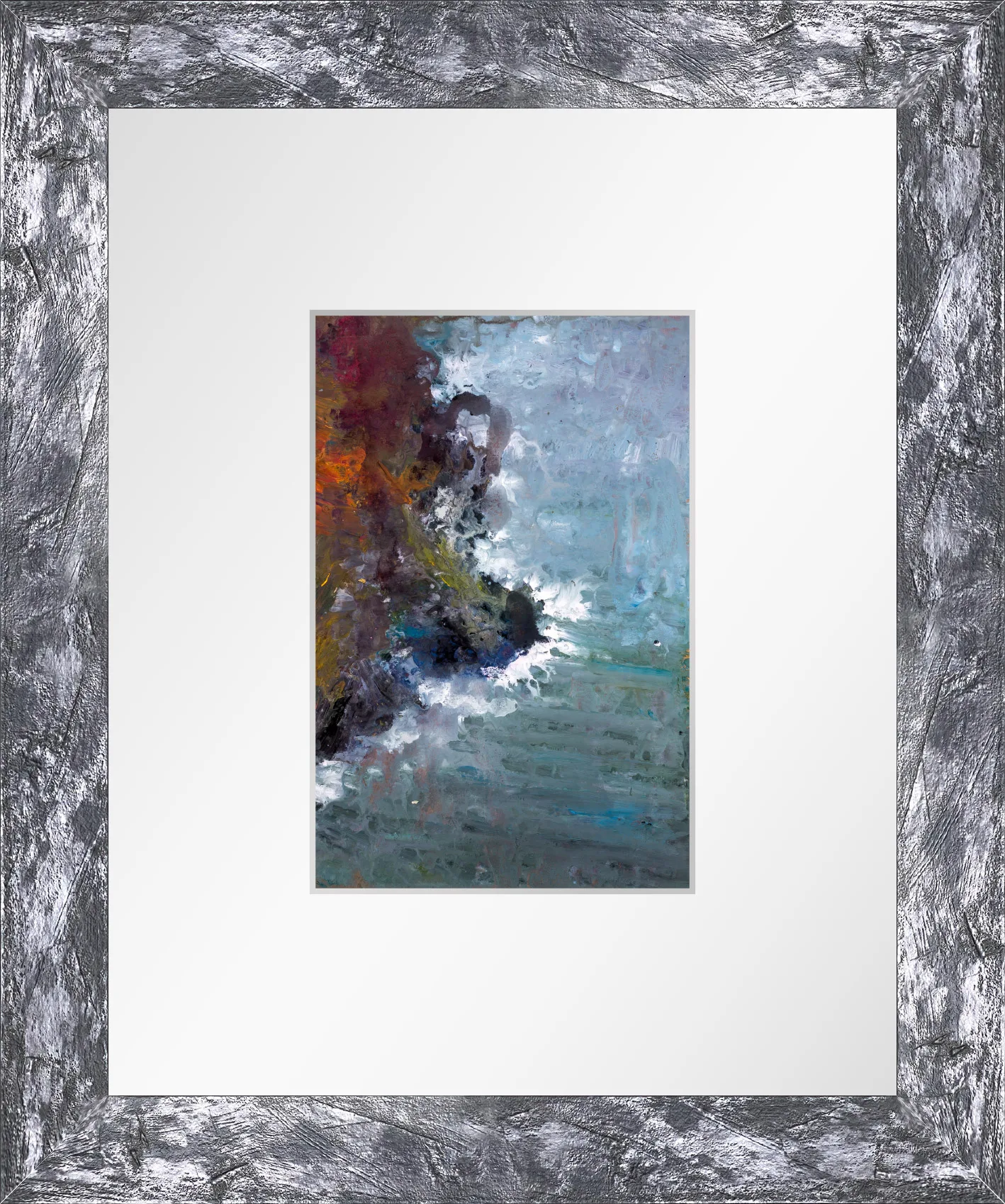 Against the Elements, a gouache painting on craft paper, framed under white mount in a textured silver-grey frame. Crashing white surf meets dark rocks at left, with rust-red and ochre tones giving way to misty blue-green sea.