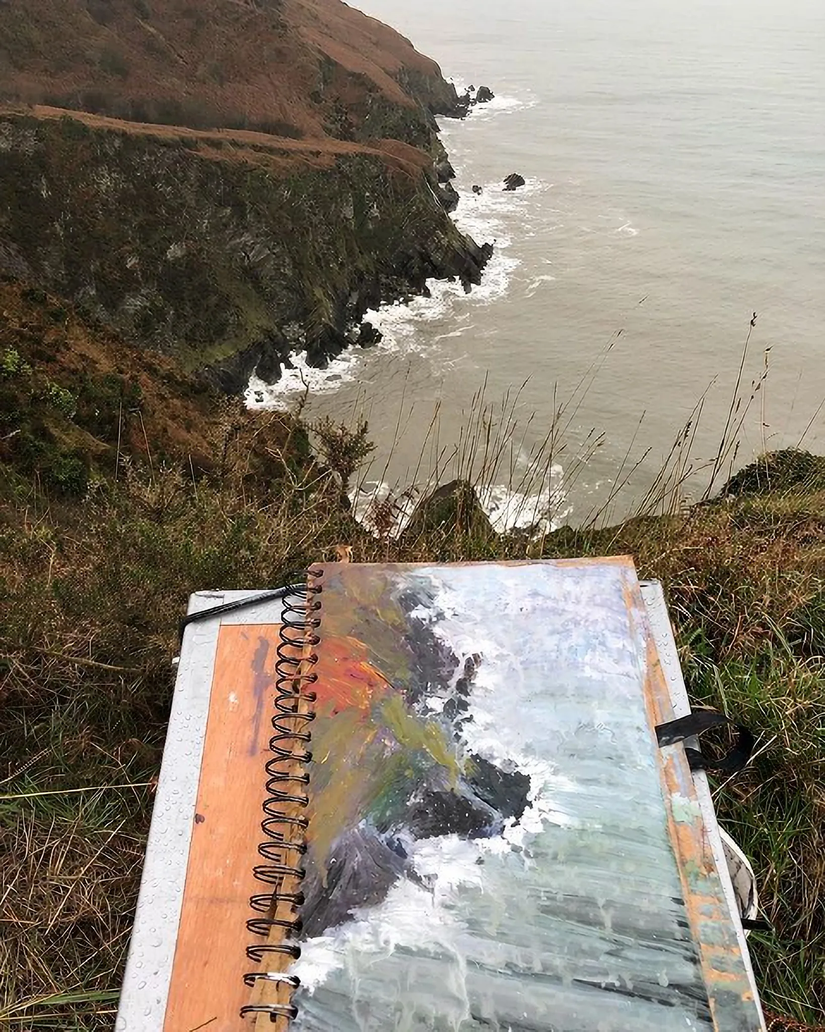 Against the Elements, an original gouache painting by Paul Kenton, propped on an easel on a grassy North Devon clifftop, with a rocky headland and surf beyond.
