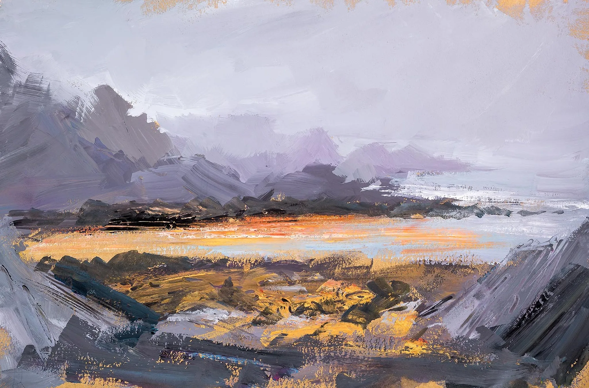 Misty Morning, an original painting by Paul Kenton: a bold, textured landscape of grey hills under pale lavender mist, with glowing ochre and gold ground in the foreground.