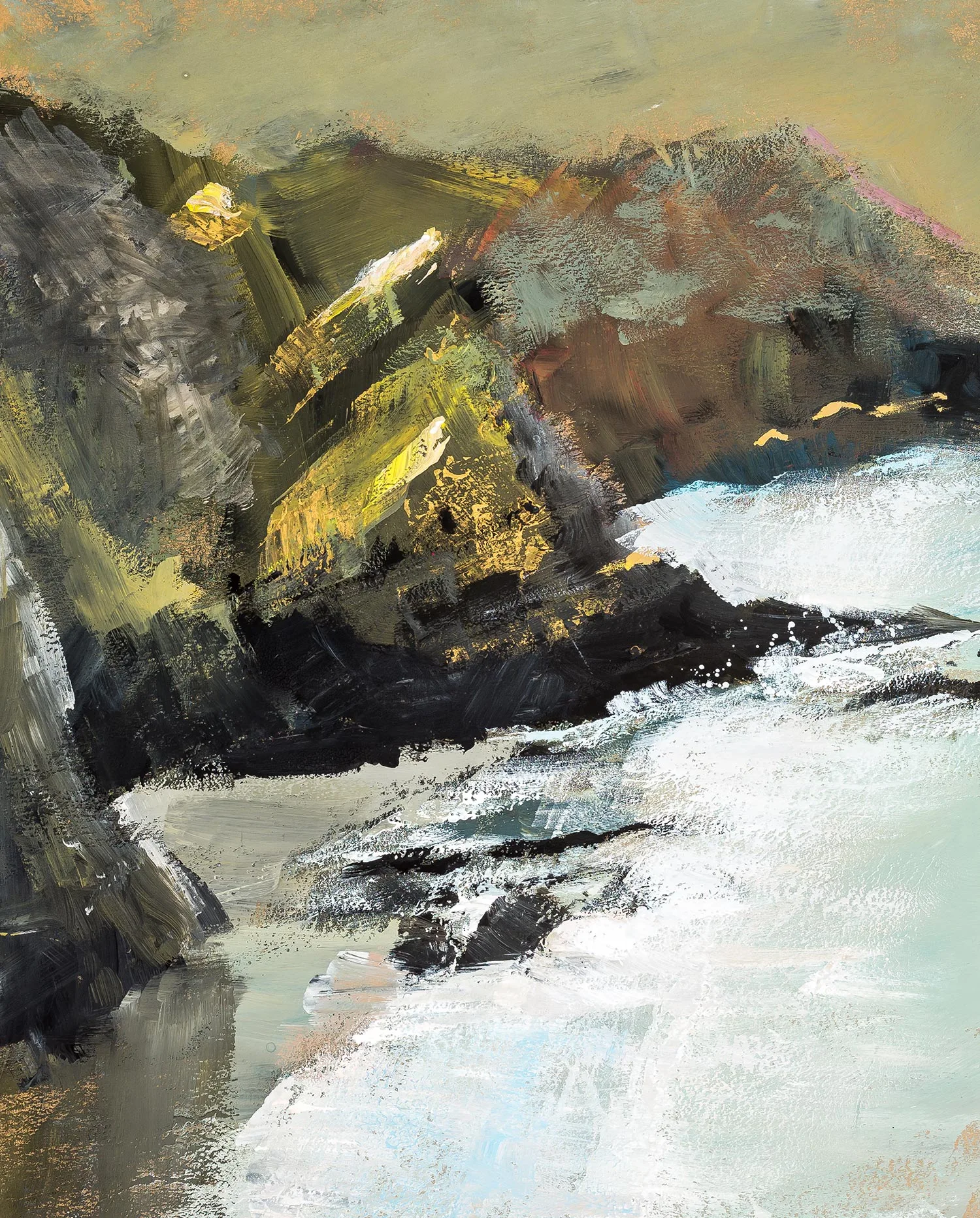 Glistening Rocks, an original painting by Paul Kenton: sunlit olive and ochre cliffs fall to dark rocks and white surf on a pale teal sea, in bold textured brushwork.