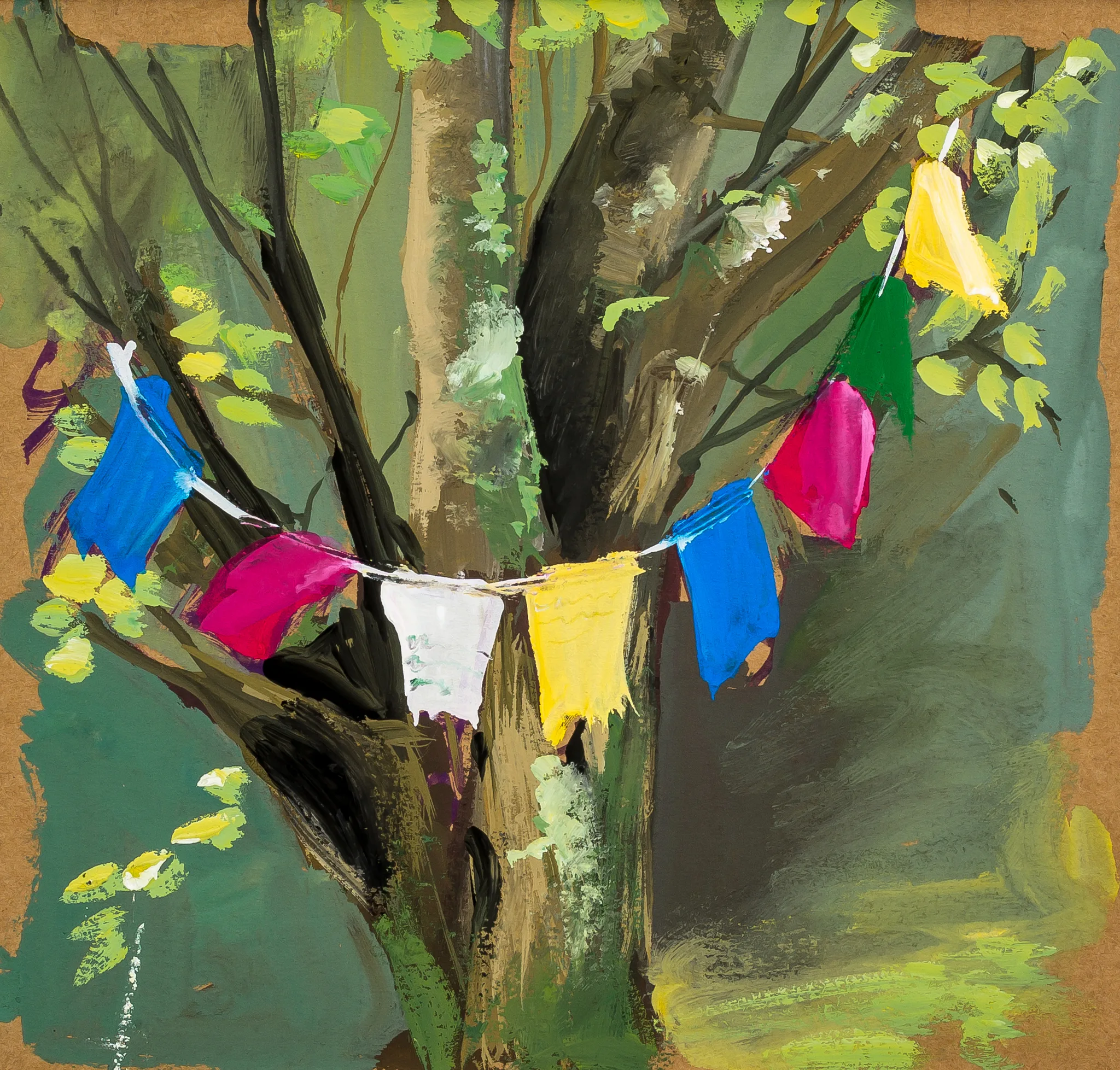Tibetan Flag Painting in the Garden, an original painting by Paul Kenton: a tree trunk strung with a bunting of blue, magenta, white, yellow and green flags against bold green foliage.
