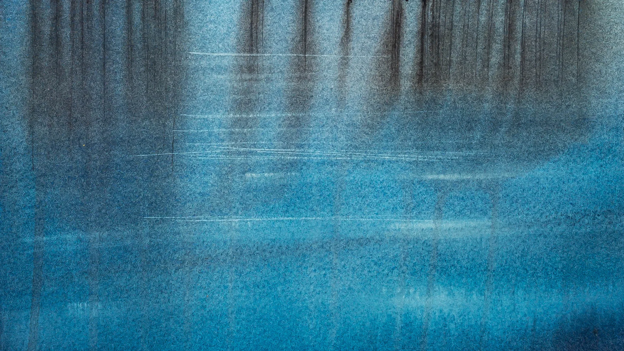 Close-up of Pier Remains: vertical dark ink strokes fade into a textured blue watercolour wash, with pale horizontal scratches across a misty, rippling surface.