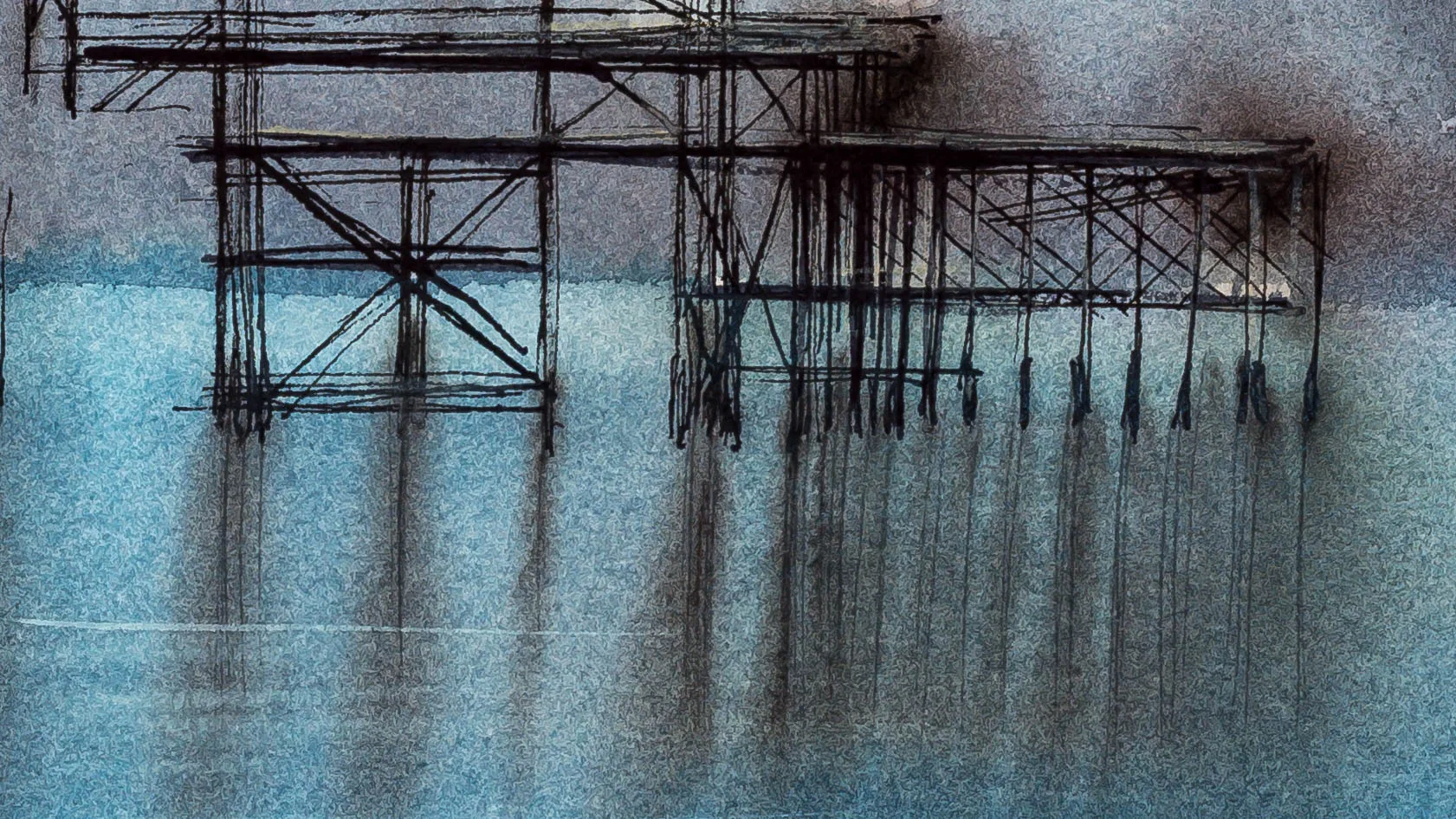 Pier Remains: close-up of ink and watercolour showing a skeletal pier structure in dark, scratchy lines above soft blue-grey washes, with faint vertical reflections rippling across the water.