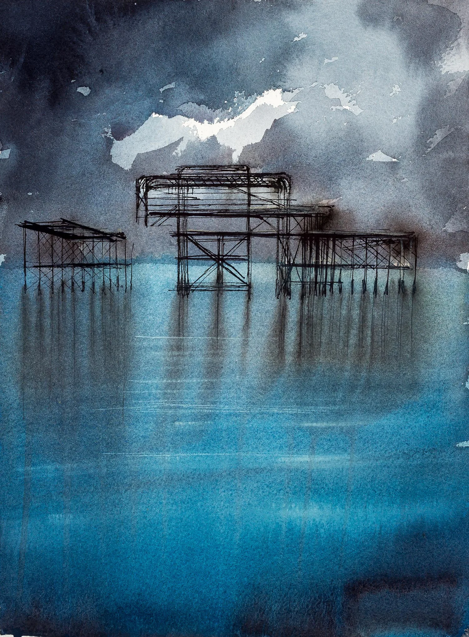 Pier Remains, an original painting by Paul Kenton: the dark skeletal ironwork of a ruined pier rises from a misty blue sea beneath a brooding grey sky, in watercolour and ink.
