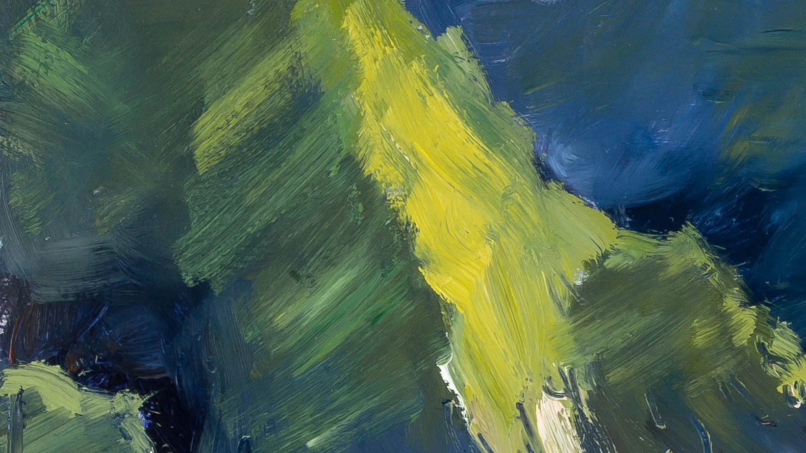 Close-up detail from Ilfracombe Cliffs showing thick, loose oil brushstrokes in bright yellow-green, deep green and dark blue, with a rough, textured surface and flecks of cream paint.