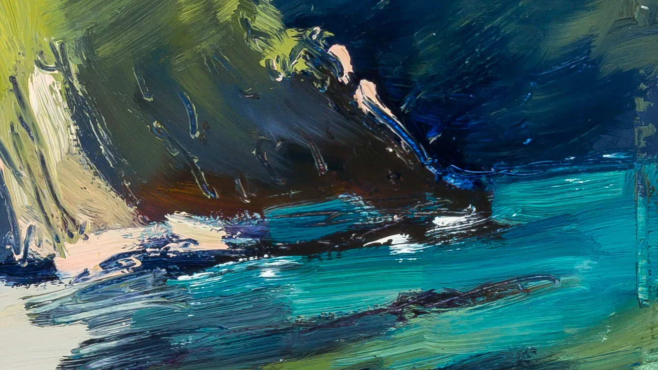 Close-up of Ilfracombe Cliffs, an oil painting with thick, visible brushstrokes: dark navy and brown rocky forms on the left and top, olive-green edges, pale pink highlights, and turquoise sea streaking across the lower right.