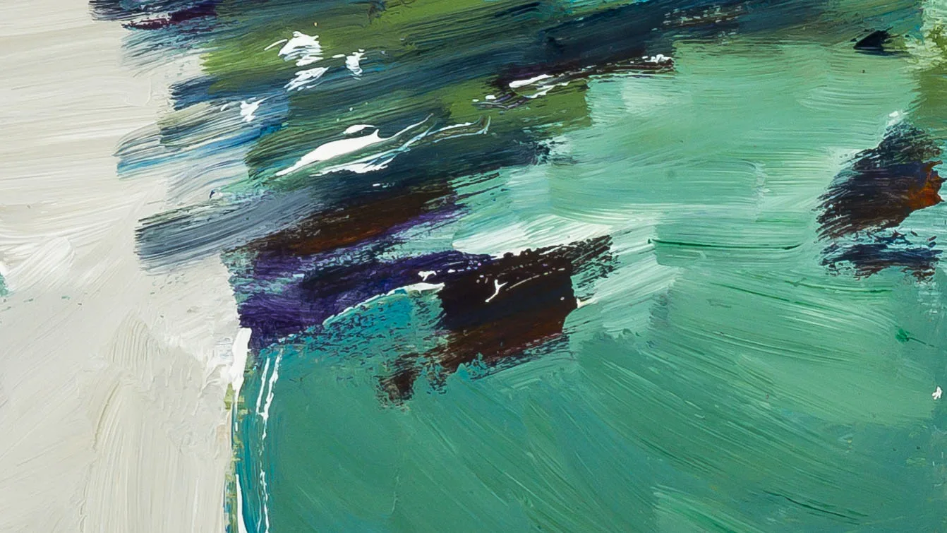 Close-up of the oil painting Ilfracombe Cliffs, showing loose, energetic brushstrokes of teal and emerald green, with dark navy, violet and brown dabs and white highlights against a pale cream area on the left.