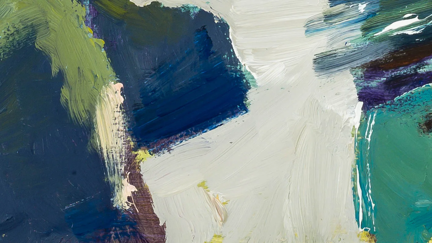 Close-up of Ilfracombe Cliffs, an oil painting on board, showing thick, sweeping brushstrokes of navy, sage green and teal around a broad area of pale cream paint, with flecks of yellow and rose-pink.