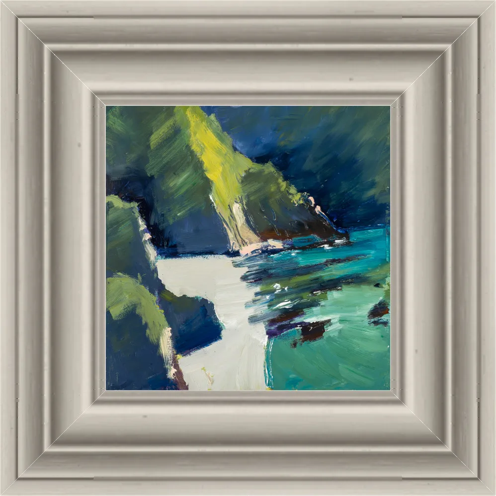 Ilfracombe Cliffs: an oil painting of a loosely brushed green and blue headland sloping down to a white sandy cove and turquoise sea, framed in a wide pale grey moulded frame.
