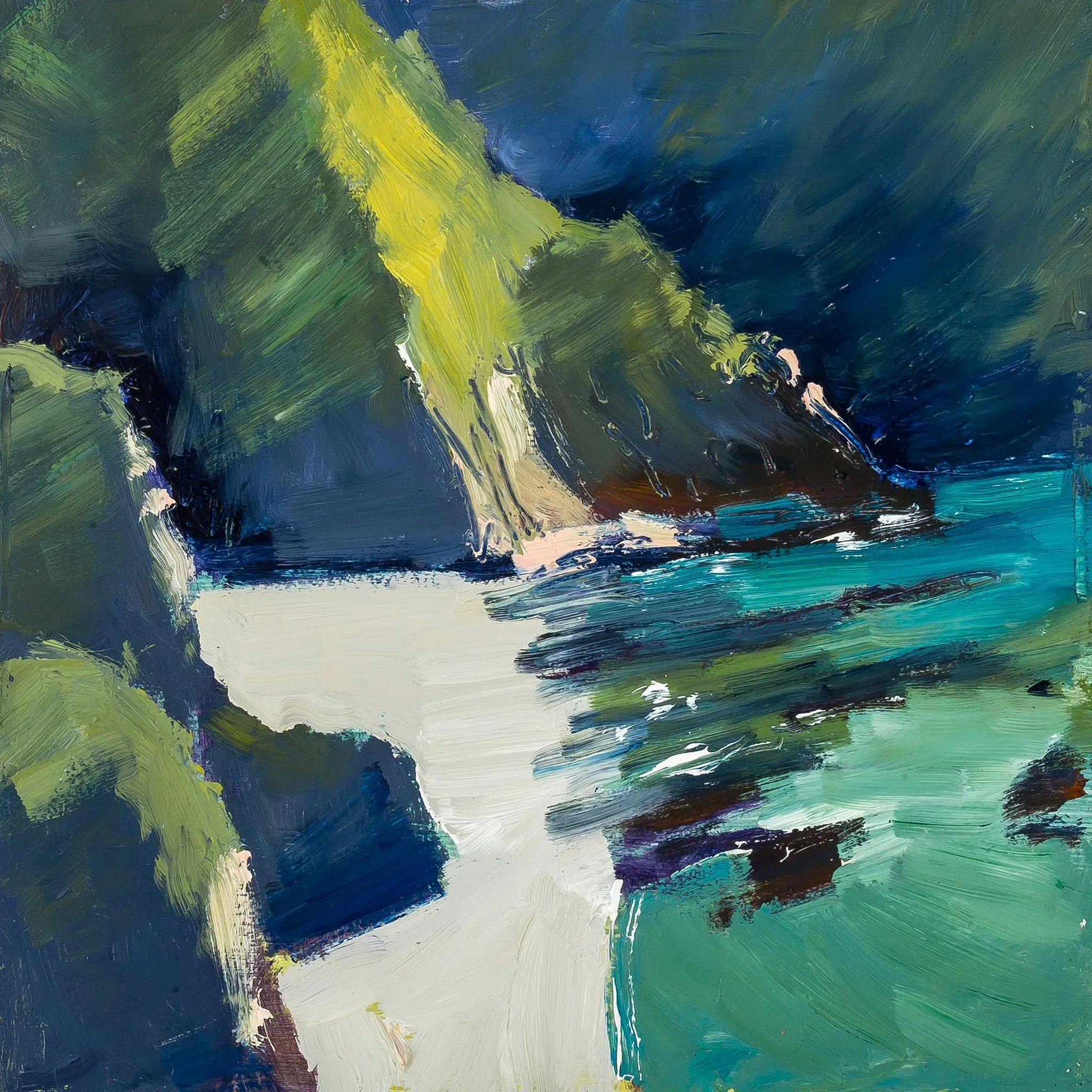 Ilfracombe Cliffs, an original oil painting by Paul Kenton: bold, textured green and yellow cliffs above a pale sandy cove and turquoise sea, under deep blue shadow.