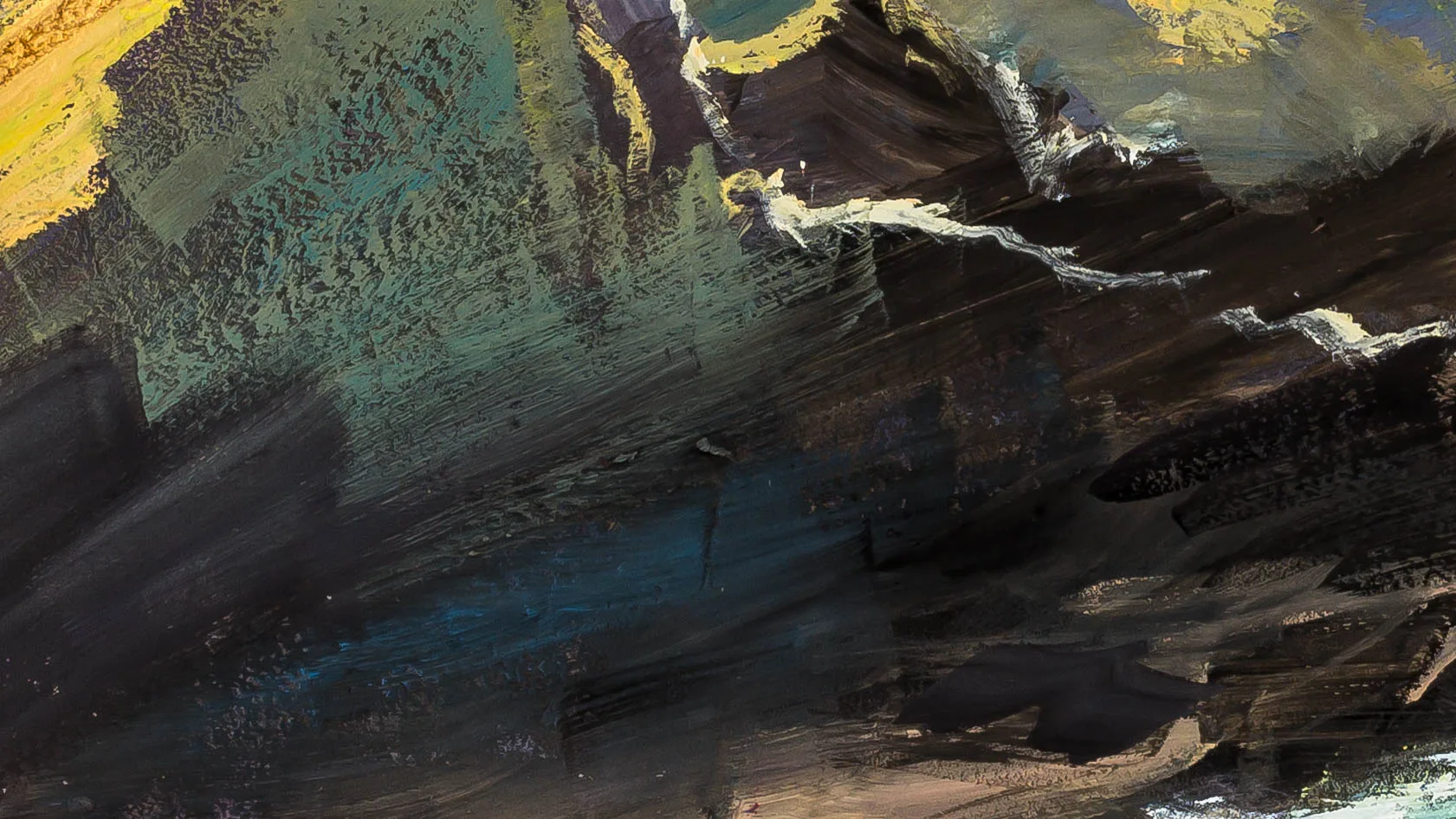 Close-up of thick, textured gouache brushstrokes in dark teals, deep browns and ochre yellow, with pale highlights tracing rocky forms across the paper.