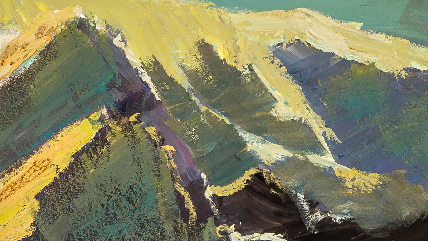 Close-up of Ilfracombe Sparkle, showing thick, textured brushstrokes of gouache in sunlit yellows, greens and violet shadows, forming rugged ridges under a teal sky.