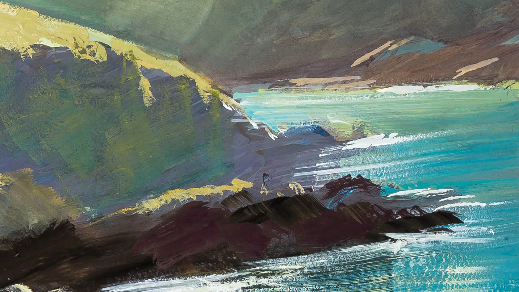 Close-up of Ilfracombe Sparkle: loose, textured gouache strokes show a green cliff edged with yellow-lit grass, dark maroon rocks, and turquoise sea flecked with white surf.