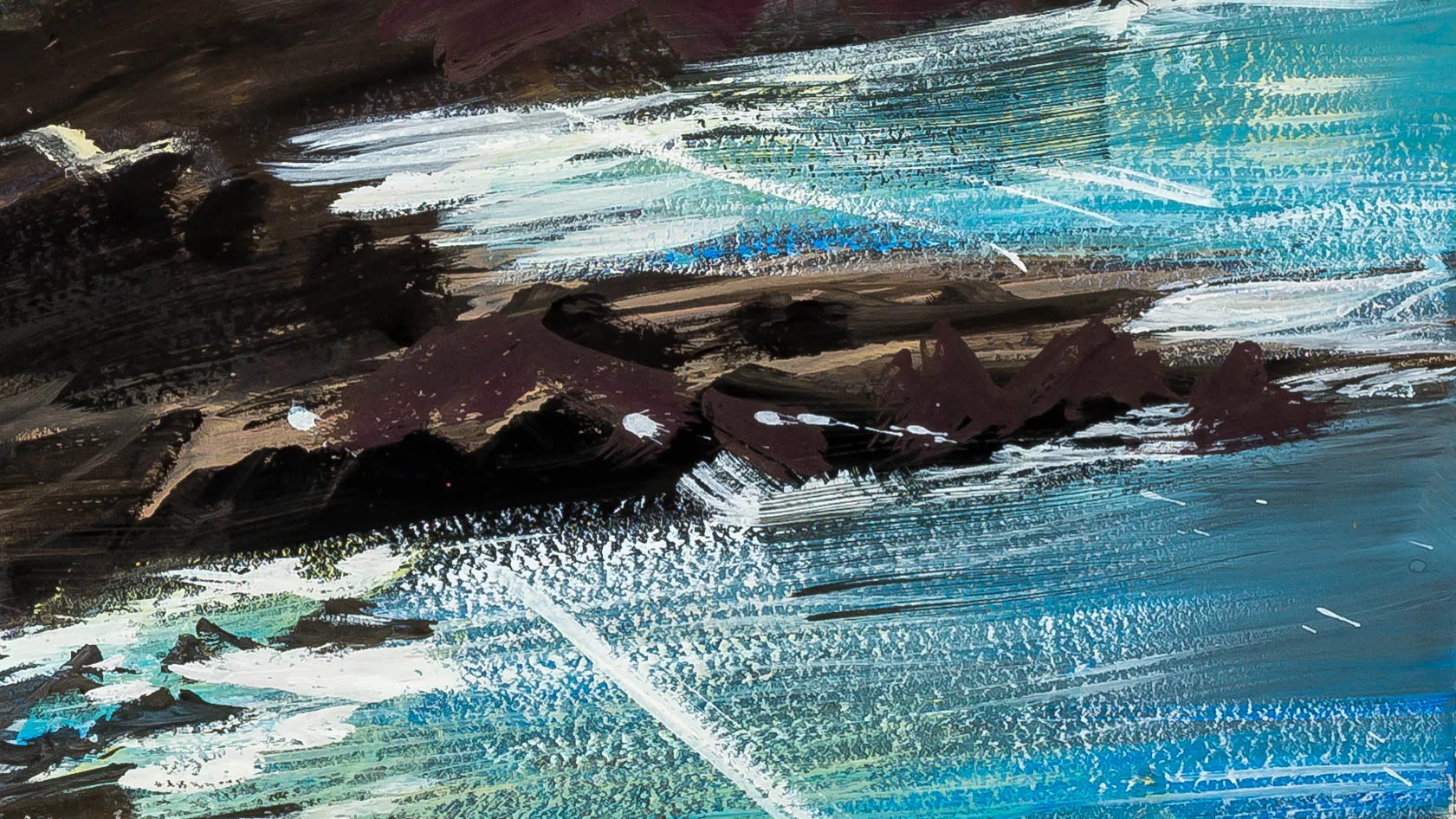 Close-up of Ilfracombe Sparkle: dry-brushed turquoise and white strokes spray across the sea, with dark brown rocks and plum-tinged shadows along the shore. Textured, energetic surface.