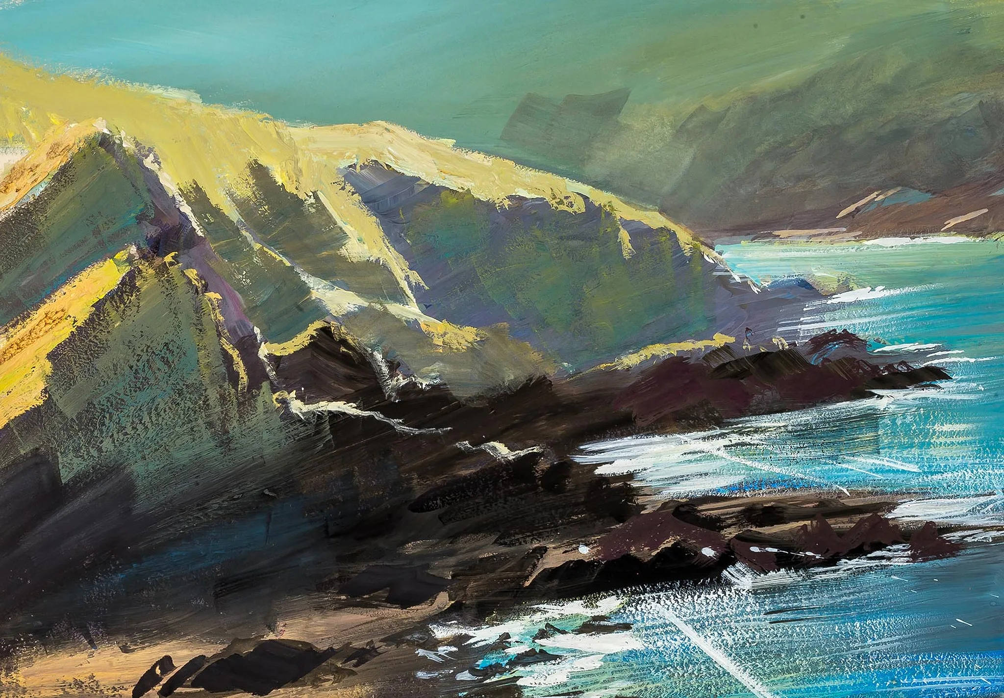 Ilfracombe Sparkle, an original painting by Paul Kenton: sunlit headland of pale yellow-green cliffs slopes to dark rocks and sparkling turquoise sea under a teal sky.