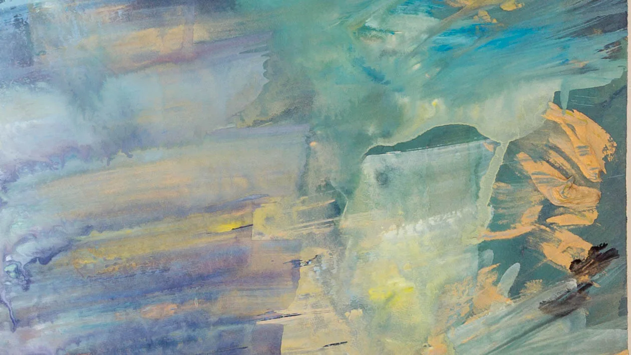 Close-up of Shoreline Shadows: loose, sweeping gouache brushstrokes in pale blue, lilac, sage green and buttery ochre, with textured, layered washes creating a soft, misty atmosphere.
