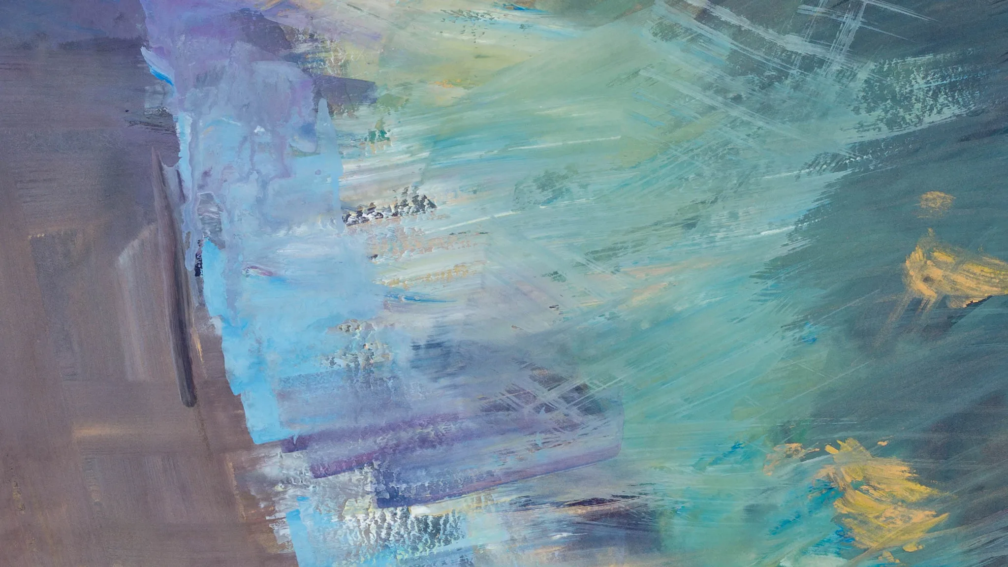 Close-up of Shoreline Shadows showing loose, energetic brushstrokes of pale blue, turquoise and lilac gouache, with textured dry-brush marks and touches of gold on the right.