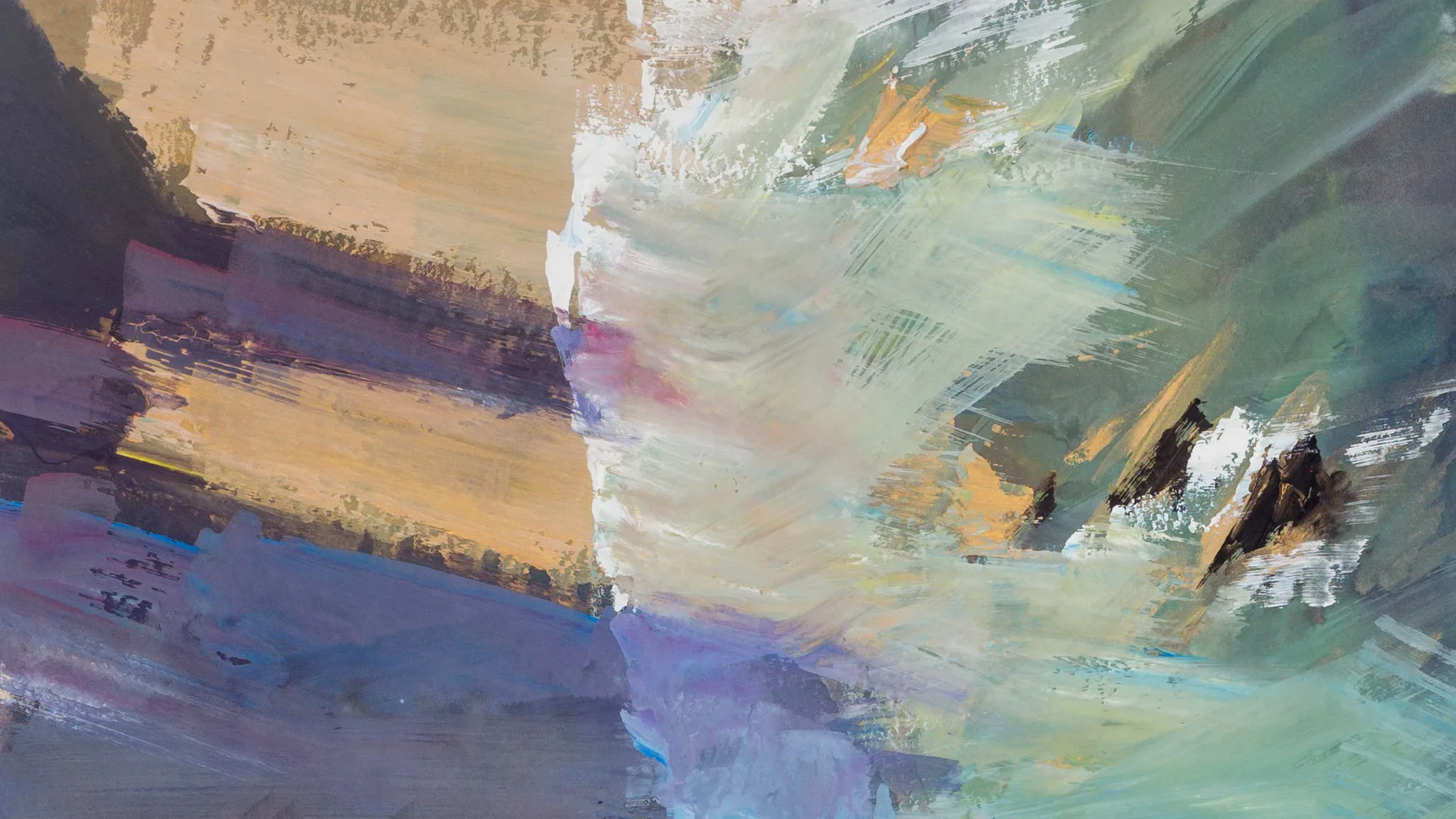 Close-up of Shoreline Shadows, showing loose, textured gouache brushstrokes in sandy ochre, lilac and muted sage green. Thick white paint ridges and dark brown accents suggest rocks and breaking water.