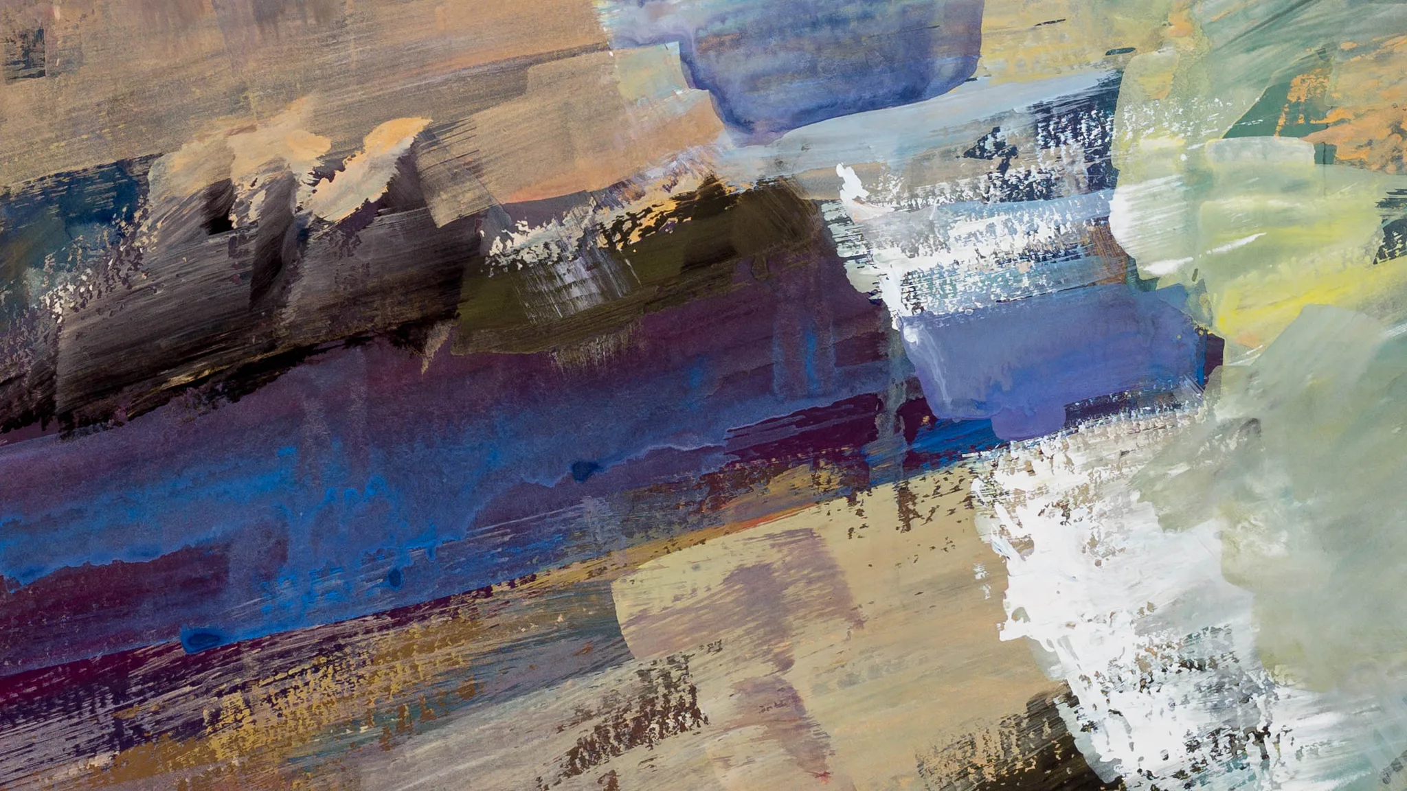 Close-up of Shoreline Shadows: loose, textured brushstrokes of gouache in bands of dark charcoal, deep violet and vivid blue, with sandy ochre and pale grey-white flecks across the lower and right areas.