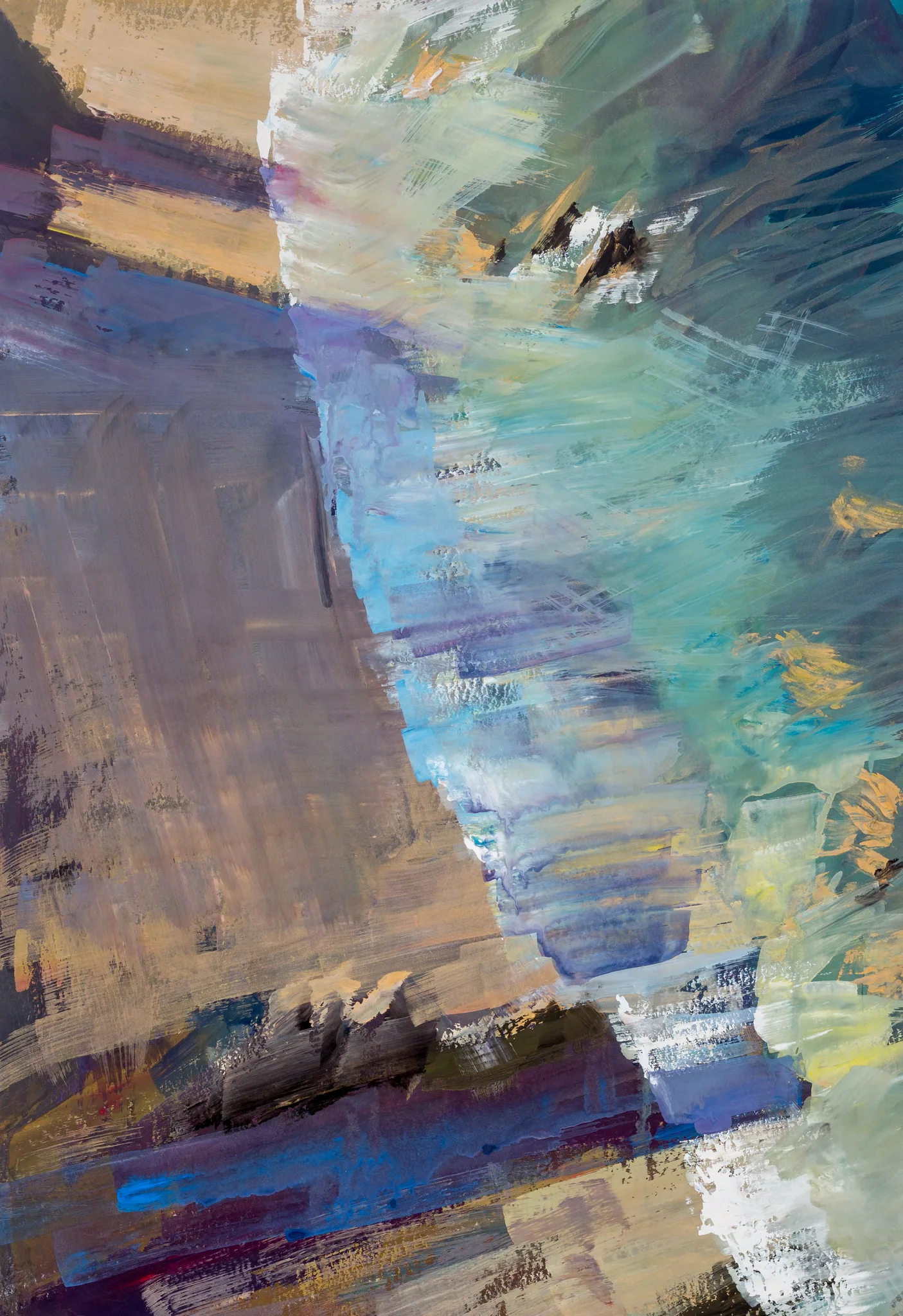 Shoreline Shadows, an original painting by Paul Kenton: loose, textured brushstrokes of muted brown and violet on the left meet pale blue, teal and white on the right, suggesting cliffs and breaking surf.