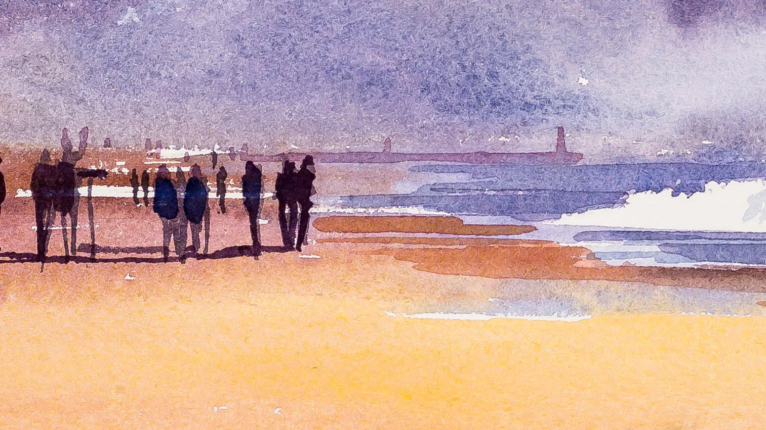 Close-up of the watercolour Hossegor Surf: a row of dark silhouetted figures walks across pale golden sand toward a wash of lilac sky, with a distant lighthouse and white surf breaking on the right.