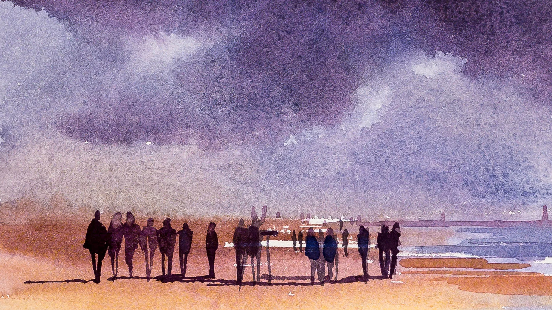 Hossegor Surf: a watercolour close-up of silhouetted figures walking across a sandy beach beneath a bruised purple sky, with soft washes of orange sand and blue sea at right.