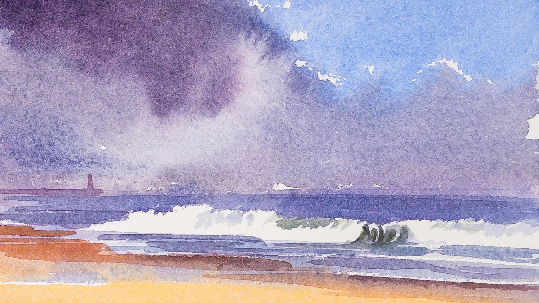 Close-up of the watercolour Hossegor Surf: a breaking wave with white foam and green-grey water over a blue sea, beneath a bruised purple storm cloud and a sandy orange beach.