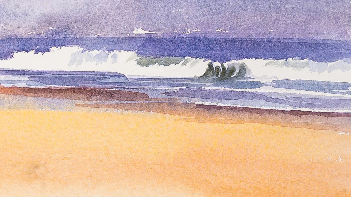 Close-up of the watercolour Hossegor Surf: breaking white-crested waves in blue and violet bands above a warm ochre sandy shore, with soft wash textures and dark brown shoreline strokes.