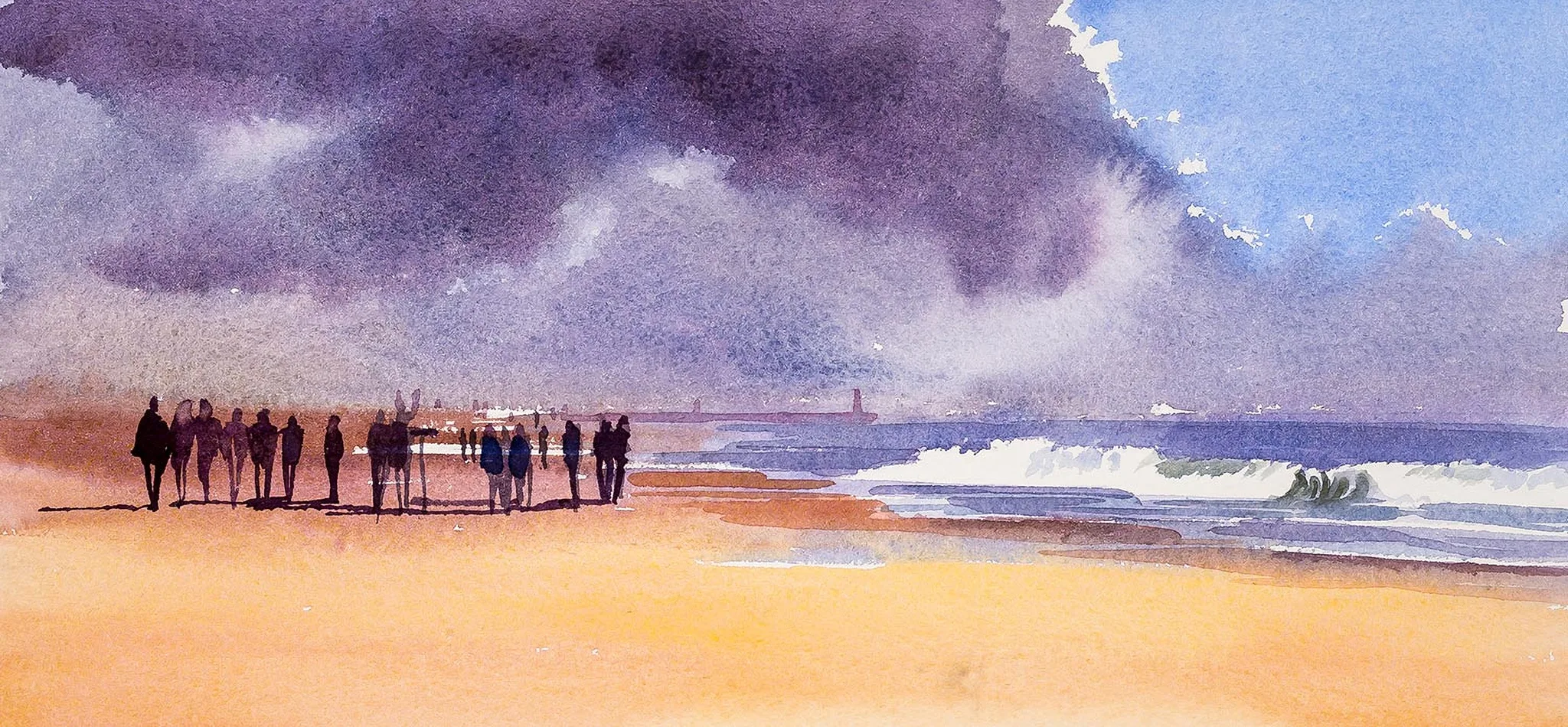 Hossegor Surf, an original watercolour painting by Paul Kenton: a row of dark silhouetted figures walks across pale sand beneath a heavy purple storm sky, with a breaking white wave to the right.