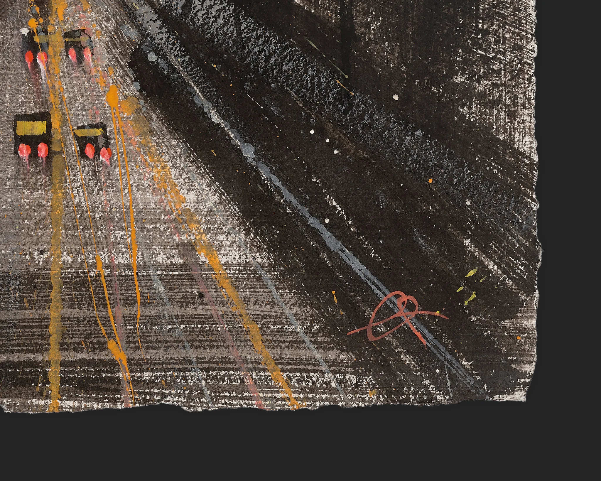 Close-up detail of City Pulse, an original painting by Paul Kenton: dark grey and black brushwork with amber and grey streaks of road light, and a small red signature scribble near the lower edge.
