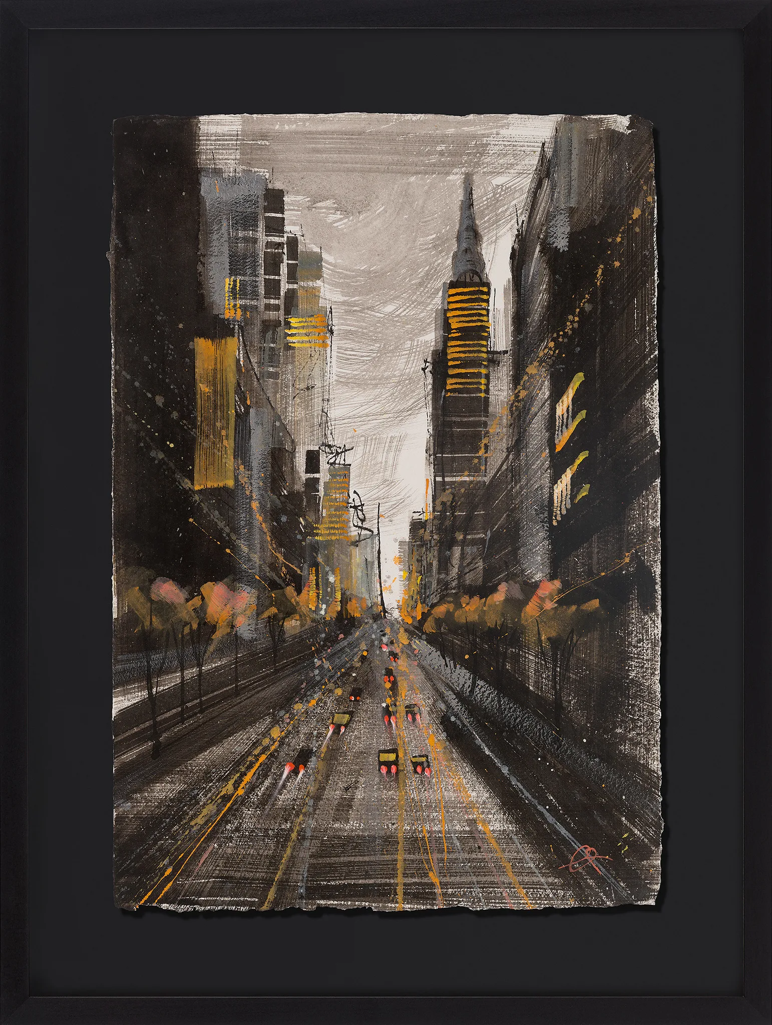 City Pulse, an original painting by Paul Kenton, shown in a black frame: a loose, textured view down a New York avenue towards a spired skyscraper, with yellow highlights on the buildings and cars beneath a grey sky.