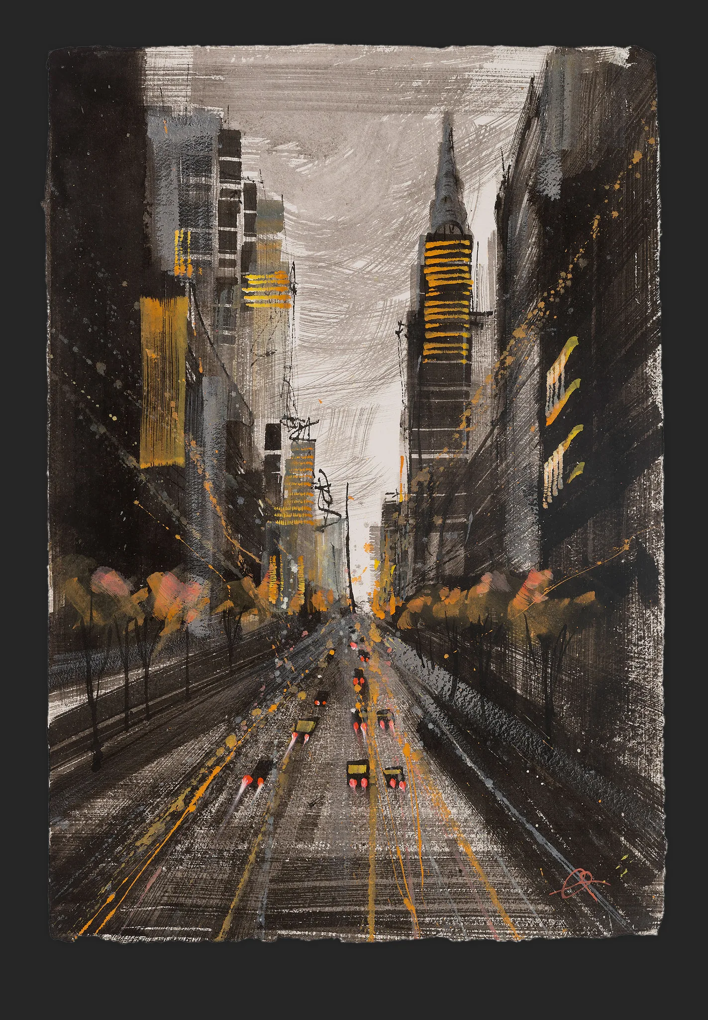 City Pulse, an original painting by Paul Kenton: a grey, textured view down a New York avenue at dusk, with a tall spired tower, amber lights and blurred cars.