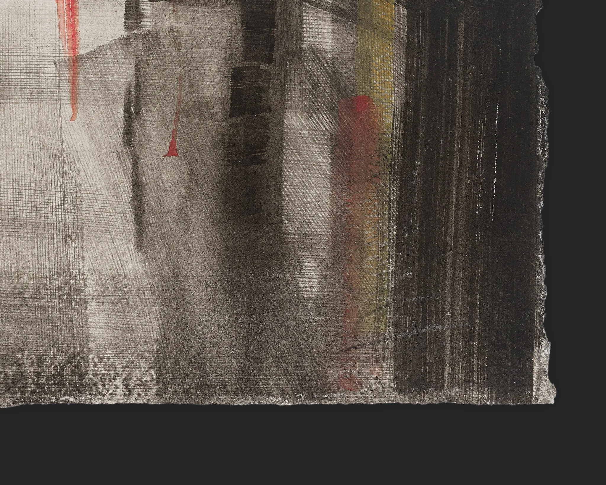 Close-up detail of Concrete Reflections, an original painting by Paul Kenton: grey and black cross-hatched strokes, dashes of red and ochre, and a torn paper edge against a dark background.