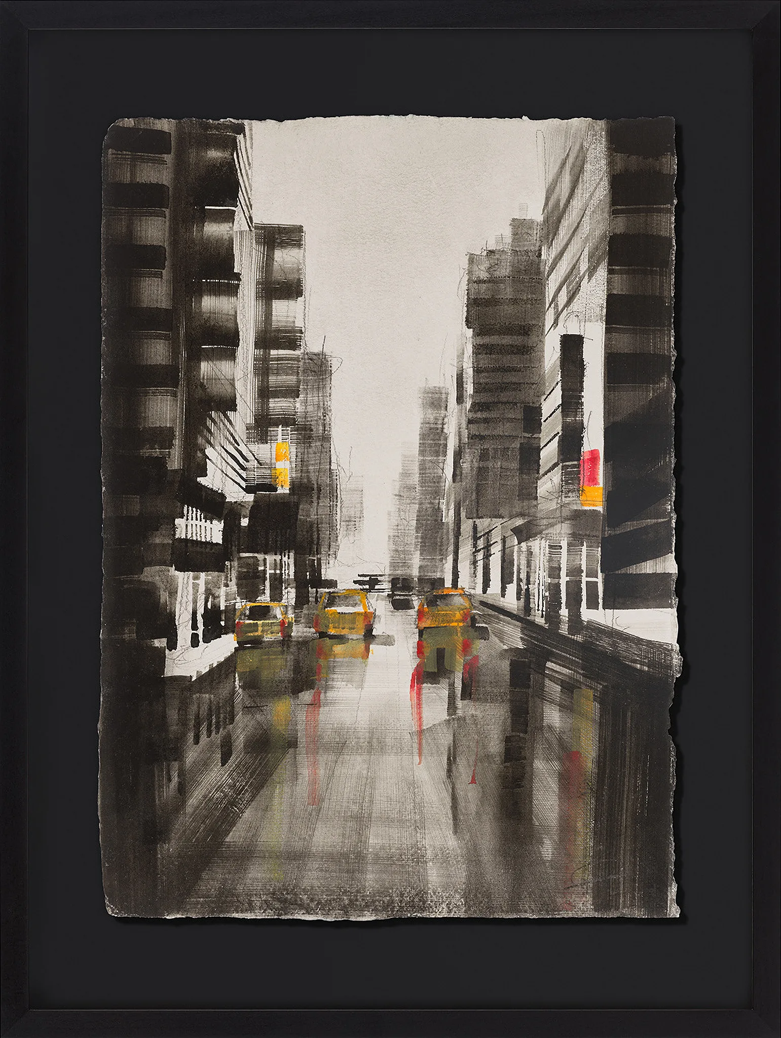 Concrete Reflections, an original painting by Paul Kenton, framed in black: a grey, sketchy New York street lined with tall buildings, yellow taxis and touches of red and yellow.