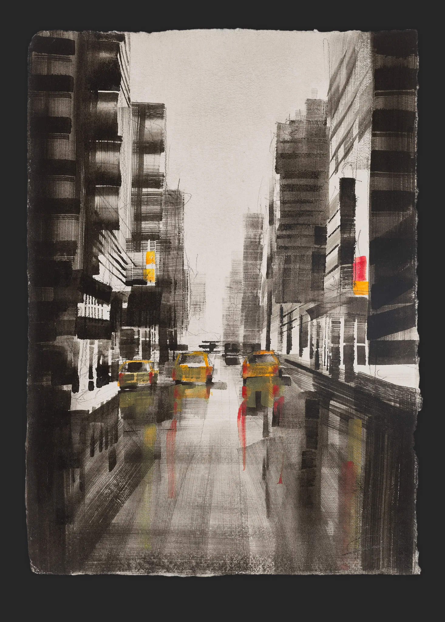 Concrete Reflections, an original painting by Paul Kenton: a grey, textured New York street of tall buildings with yellow taxis reflected in wet tarmac, with touches of red and yellow against muted monochrome.