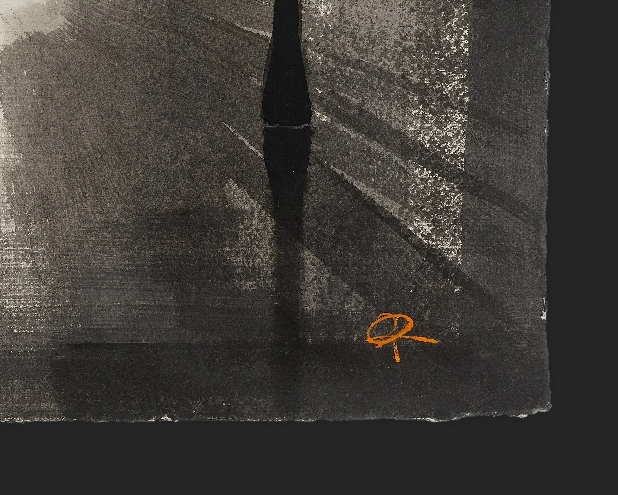 Close-up of the lower right corner of Taxi Blur, an original painting by Paul Kenton, showing dark grey washes, streaky brushwork and an orange signature on deckled paper.