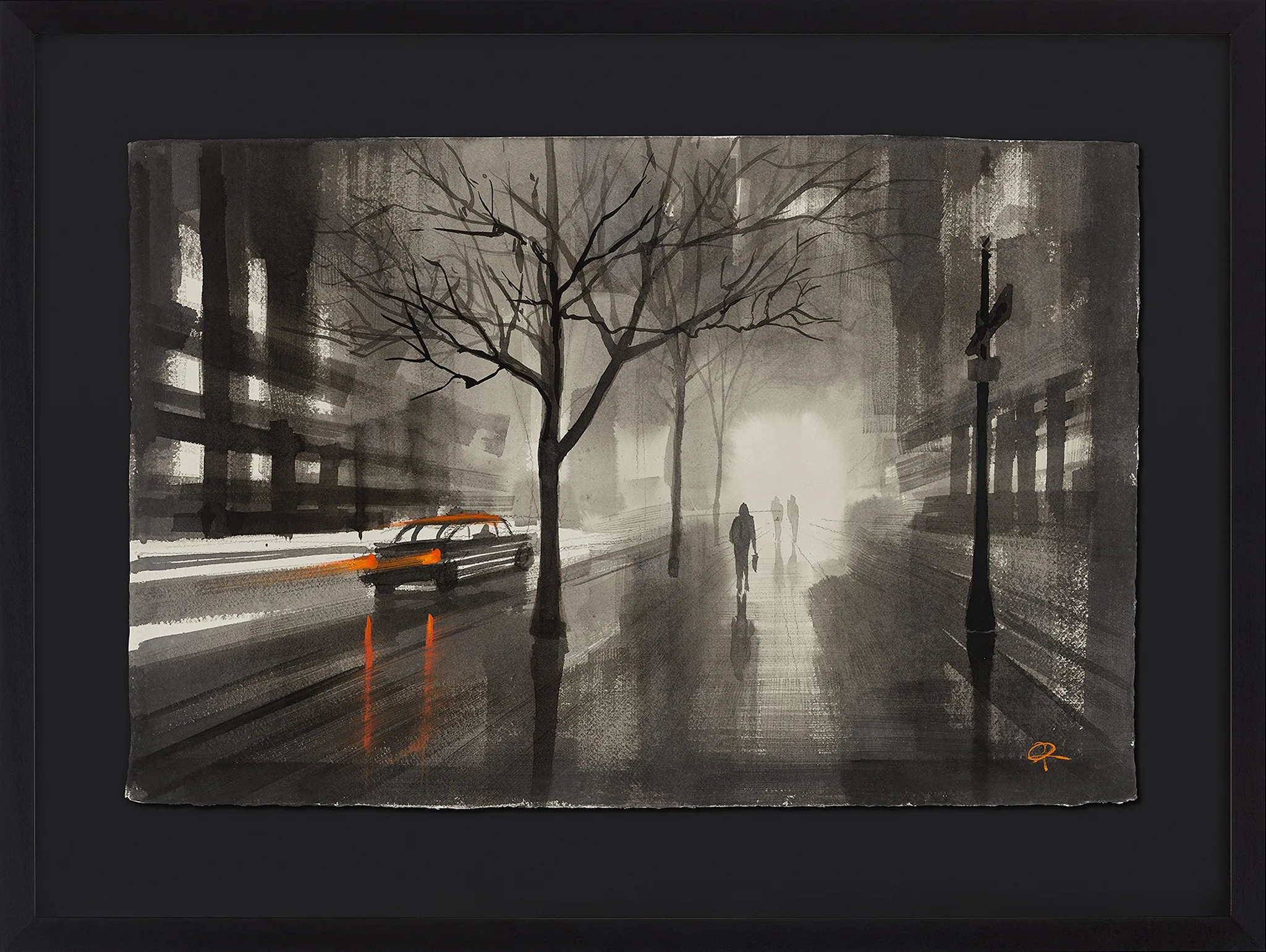 Taxi Blur, an original painting by Paul Kenton in a black frame: a misty, grey New York street at night, with bare trees, a blurred orange taxi and two figures walking in the distance.