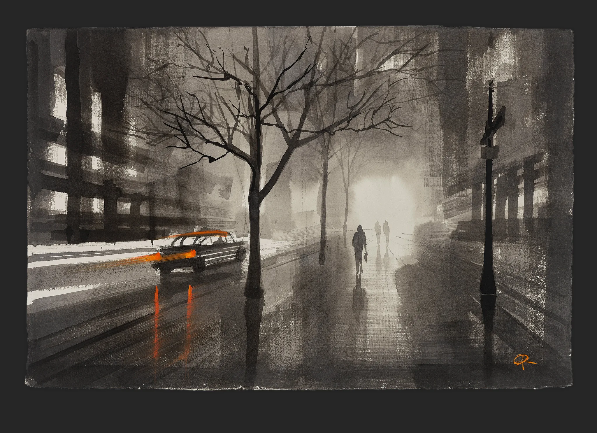 Taxi Blur, an original painting by Paul Kenton: a misty New York street in grey monochrome, bare trees, a taxi with orange-lit edges streaking past, and two figures walking toward a bright fog.