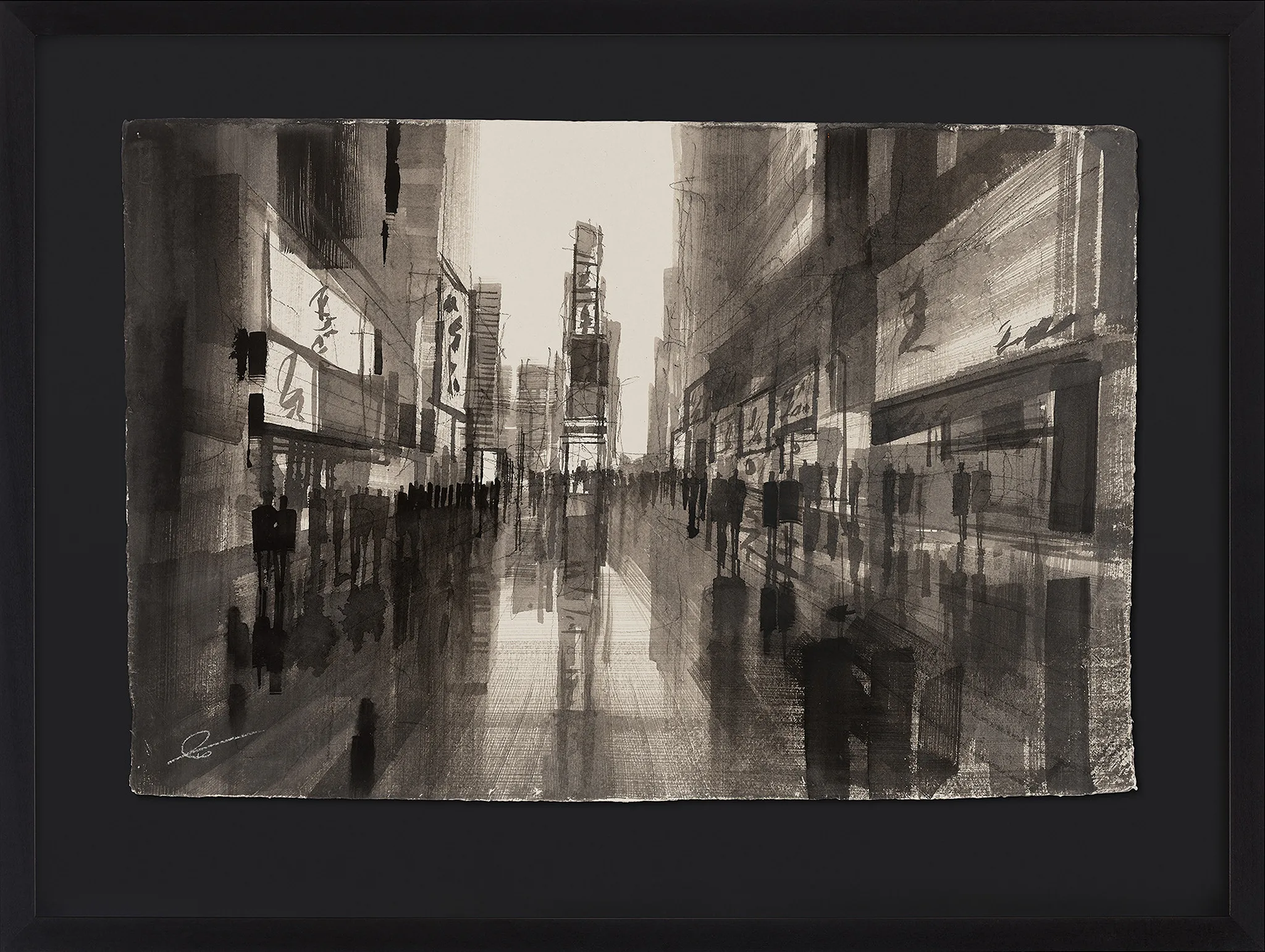 Times Square Bustle, an original ink and charcoal painting by Paul Kenton, shown in a black frame: a monochrome street of crowds and shopfronts fading into a bright, hazy distance.