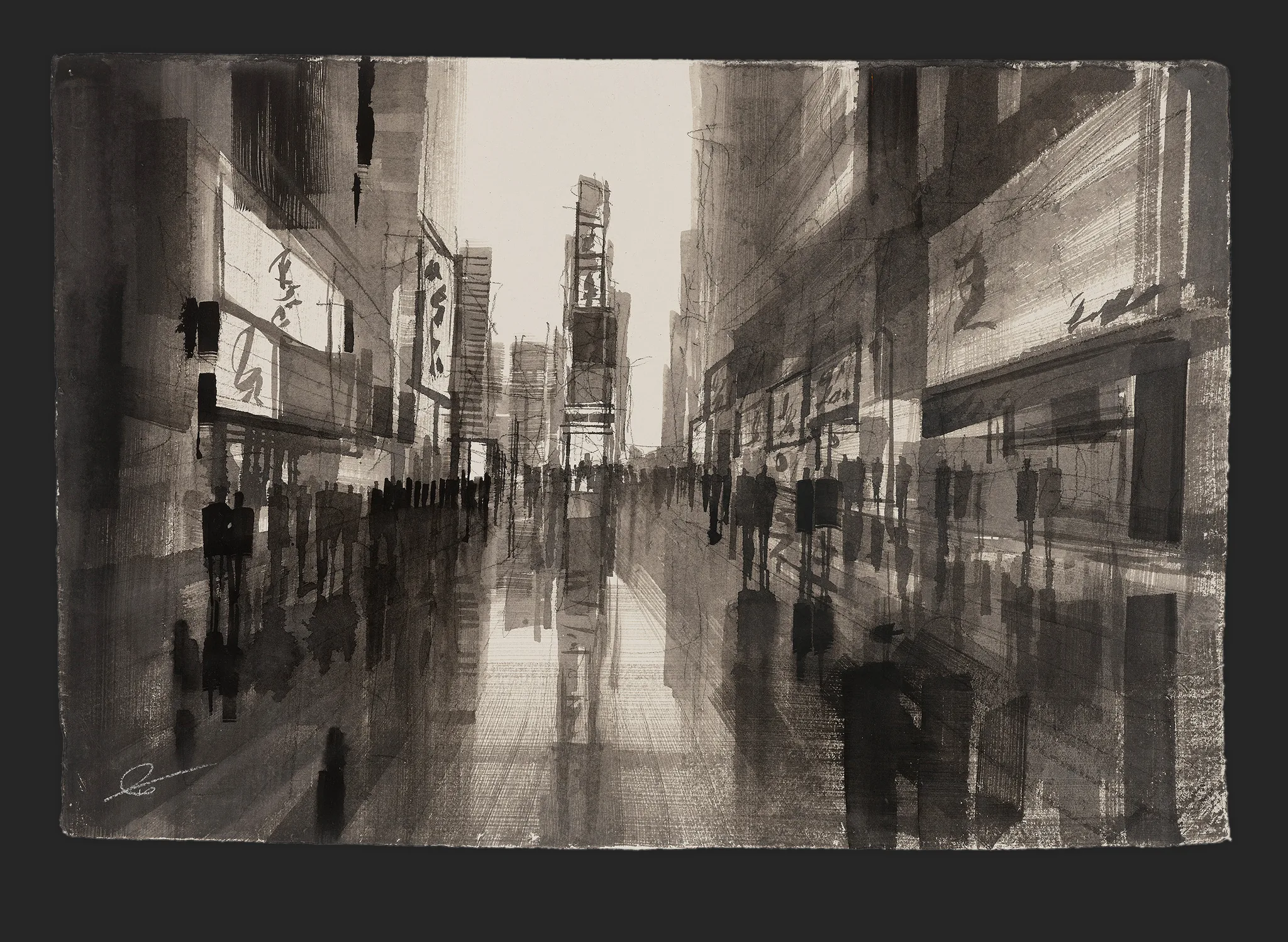 Times Square Bustle, an original painting by Paul Kenton: a monochrome ink and charcoal street scene of crowds of blurred figures and tall illuminated signs receding towards a bright sky.